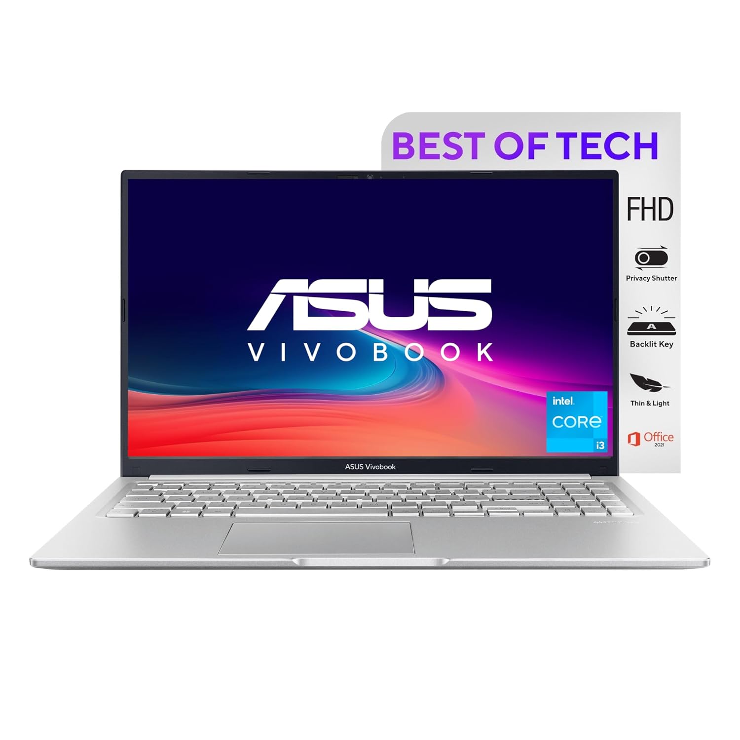 ASUS VivoBook 15 (2022), Intel Core i3-1215U, 12th Gen, 8GB RAM, 512GB SSD, FHD, 15.6"/39.62cm, Windows 11, MS Office 2021, Icelight Silver, 1.7KG, X1502ZA-EJ322WS, Backlit KB Laptop