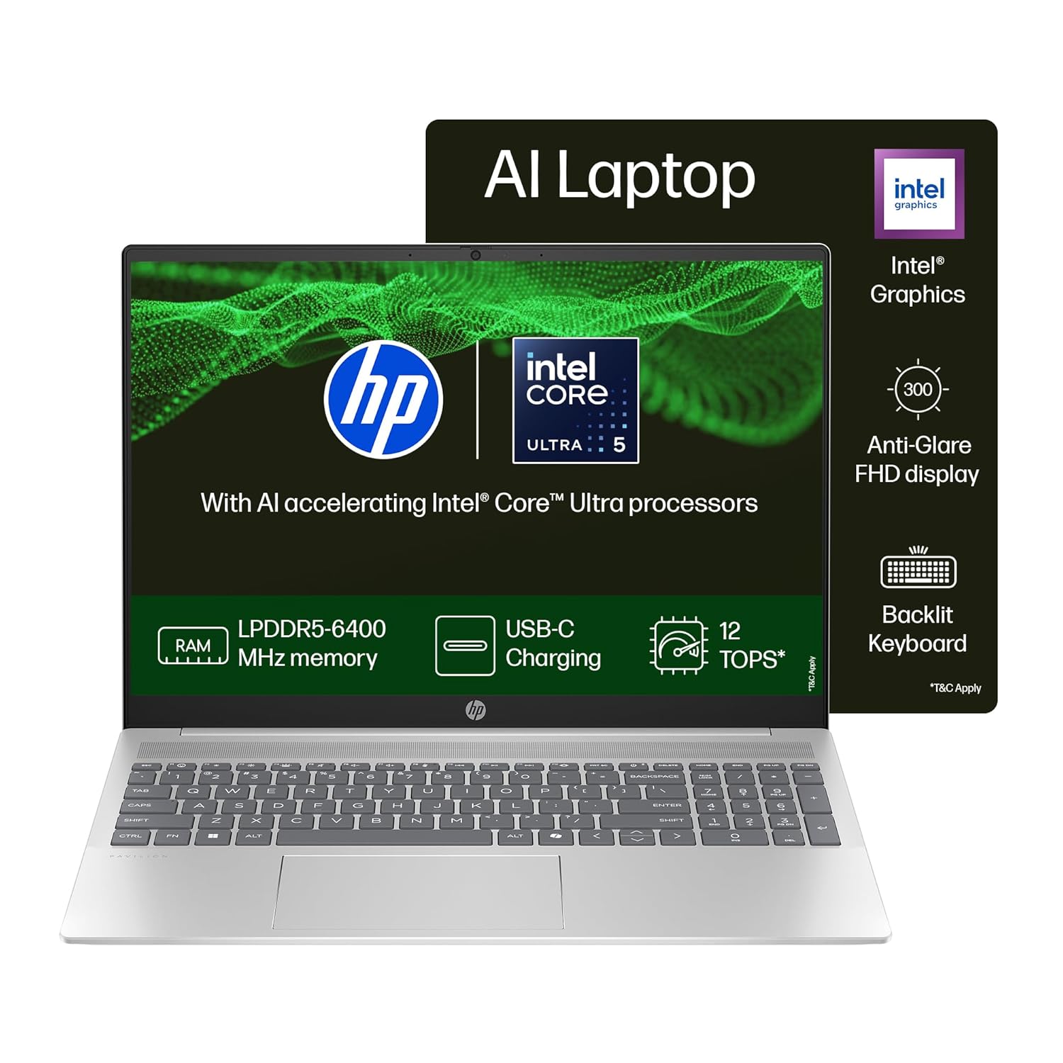 HP Pavilion AI Laptop, Intel Core Ultra 5 125U, 10-12 TOPS, 16GB DDR5, 512GB SSD, IPS, Anti-glare, 2K, WUXGA, 16inch (40cm), Intel graphics, 1080p FHD camera (Win11, Office21, Silver, 1.77kg) af0015TU