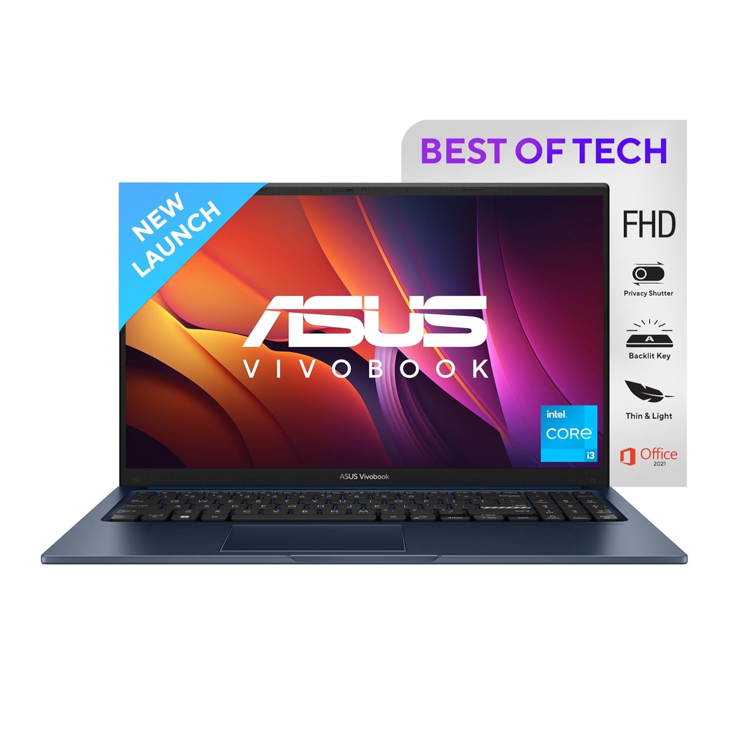 ASUS Vivobook 15, Intel Core i3-1215U, 1.2 GHz, 16GB RAM, 512GB SSD, FHD 1920x1080, 15.6", Windows 11, MS Office Home, Quiet Blue, 1.7KG, X1504ZA-NJ341WS, Integrated Graphics, Thin & Light Laptop
