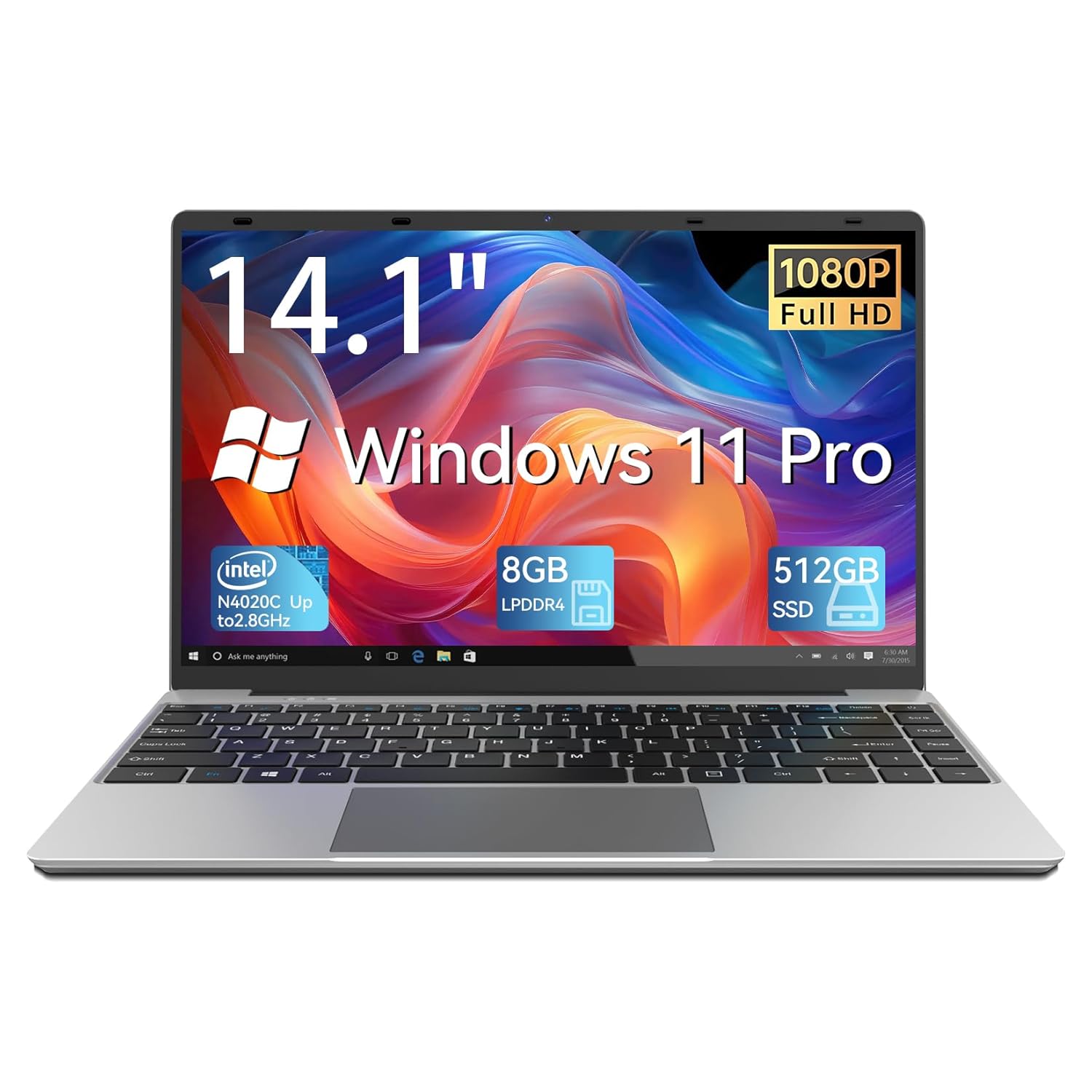 FOLINHAM 14.1 Inch Laptop PC, 8GB RAM 512GB SSD Windows 11 Pro Notebook Computer, FHD 1920x1080 Display, Celeron Processor Up to 2.8GHz, USB 3.0, Type-C, Mini-HDMI, 2.4/5G WiFi, BT4.2, 7.6V/5000mAh