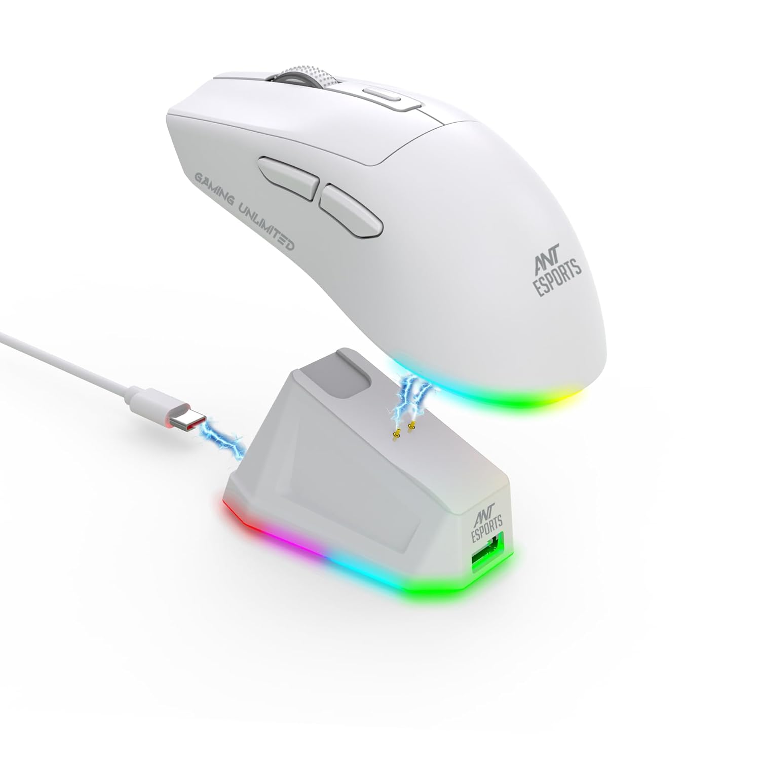 Ant Esports GM810 PRO RGB Rechargeable Wireless Gaming Mouse with Charging Dock - High-Precision Sensor Long-Lasting Battery Up to 6000 DPI PC Gaming Mouse - Wired and Wireless Mouse for PC White