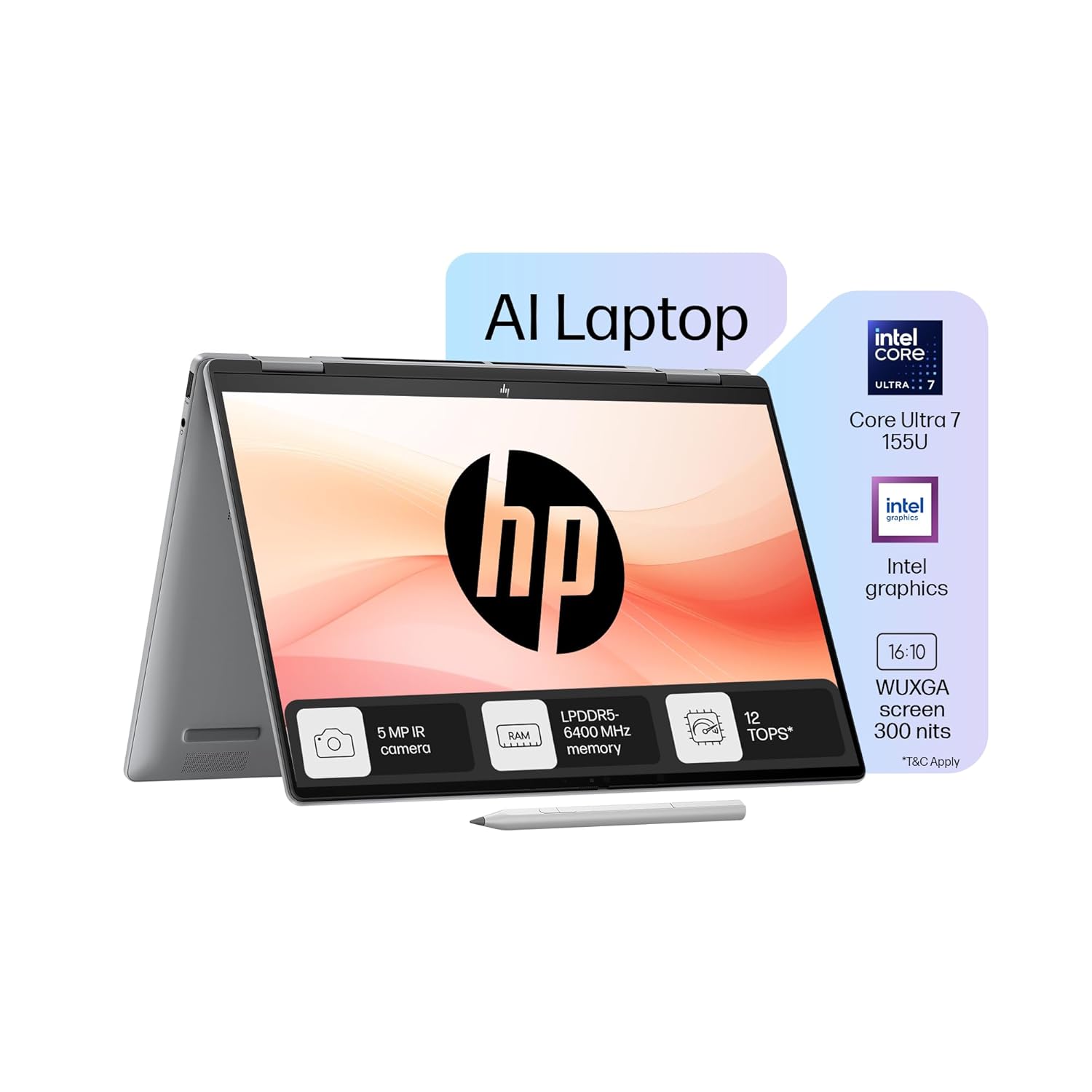 HP Envy x360 AI Laptop, Intel Core Ultra 7 155U, 12 Tops,16GB LPDDR5, 512GB SSD (Win11,Office 21,Silver,1.39kg) Touchscreen, IPS, WUXGA, 14-inch(35.6cm), Integrated Graphics, 5MP IR Camera, fc0106TU