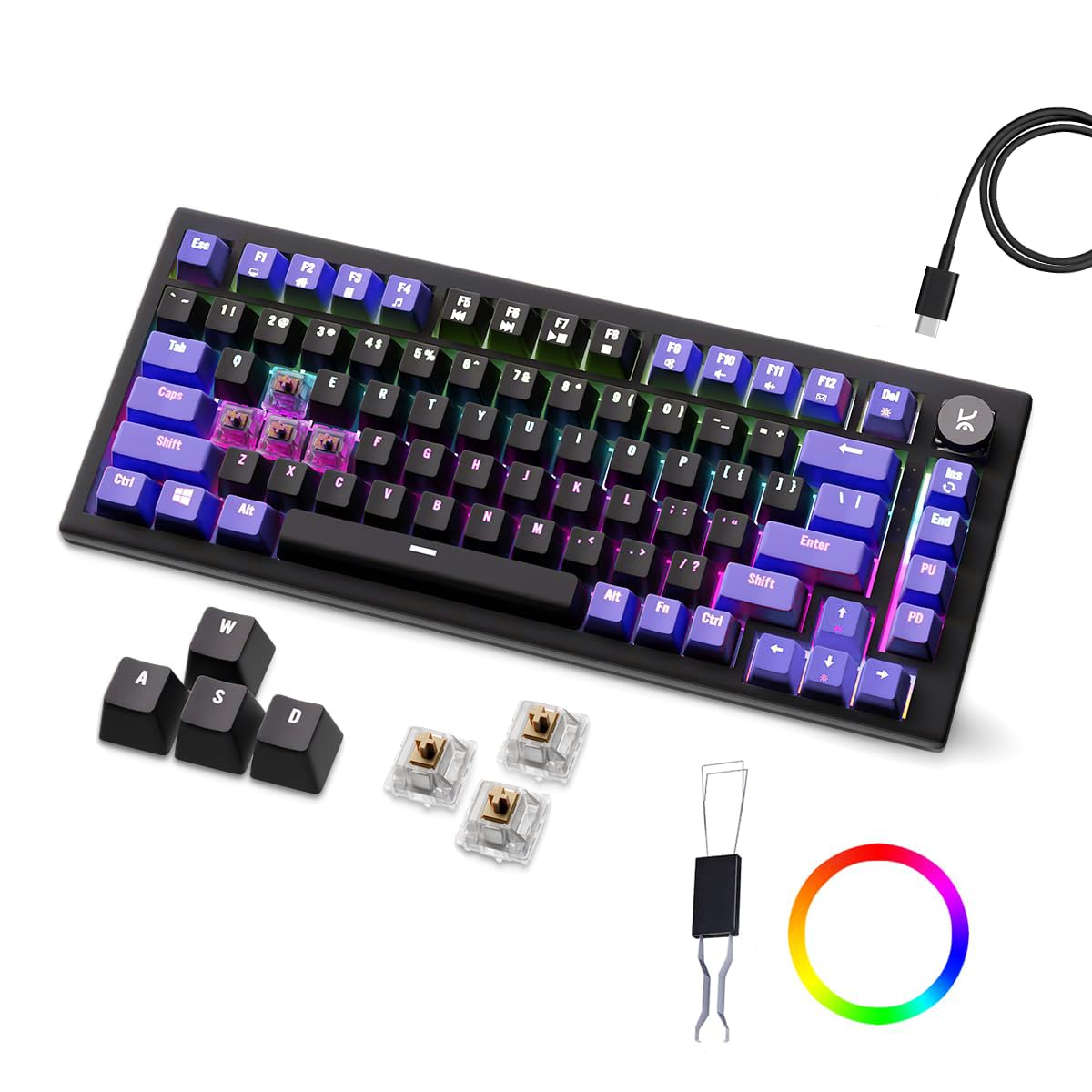 Kreo Hive RGB Anti-ghosting Gaming Keyboard, 75% Tenkeyless Wired Mechanical Keyboard with RGB Backlight, Volume Knob, NKRO, PC Gaming Keyboard Detachable USB C Cable (Black-Purple, Brown Switch)