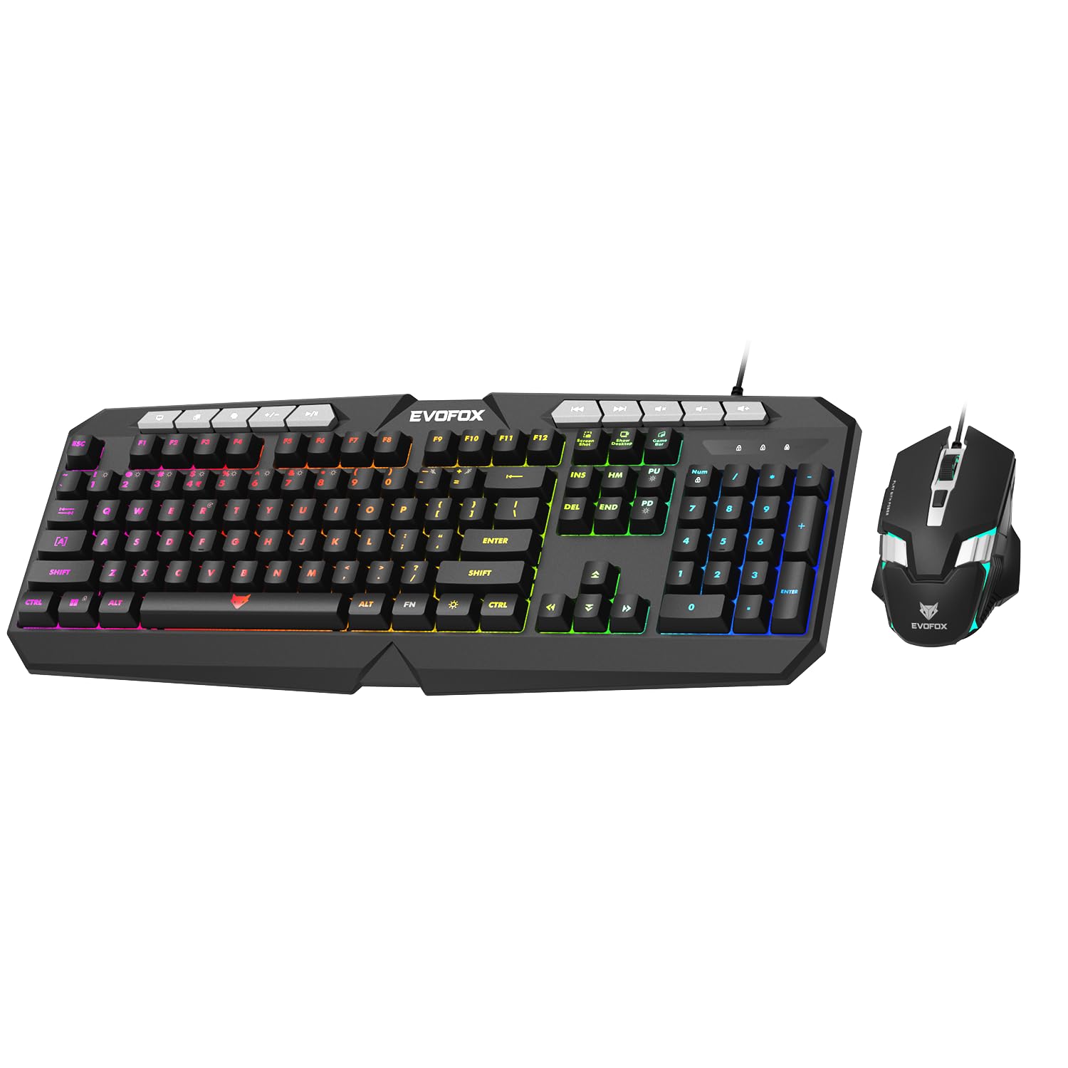 EvoFox Deathray v2 Gaming Keyboard and Mouse Combo | 6 Zone RGB Backlighting, 19 Anti Ghosting Keys, Membrane Keys, Ergonomic, Full-Size | 6 Buttons, 7 Color LED Lighting, Upto 3600DPI (Wired)