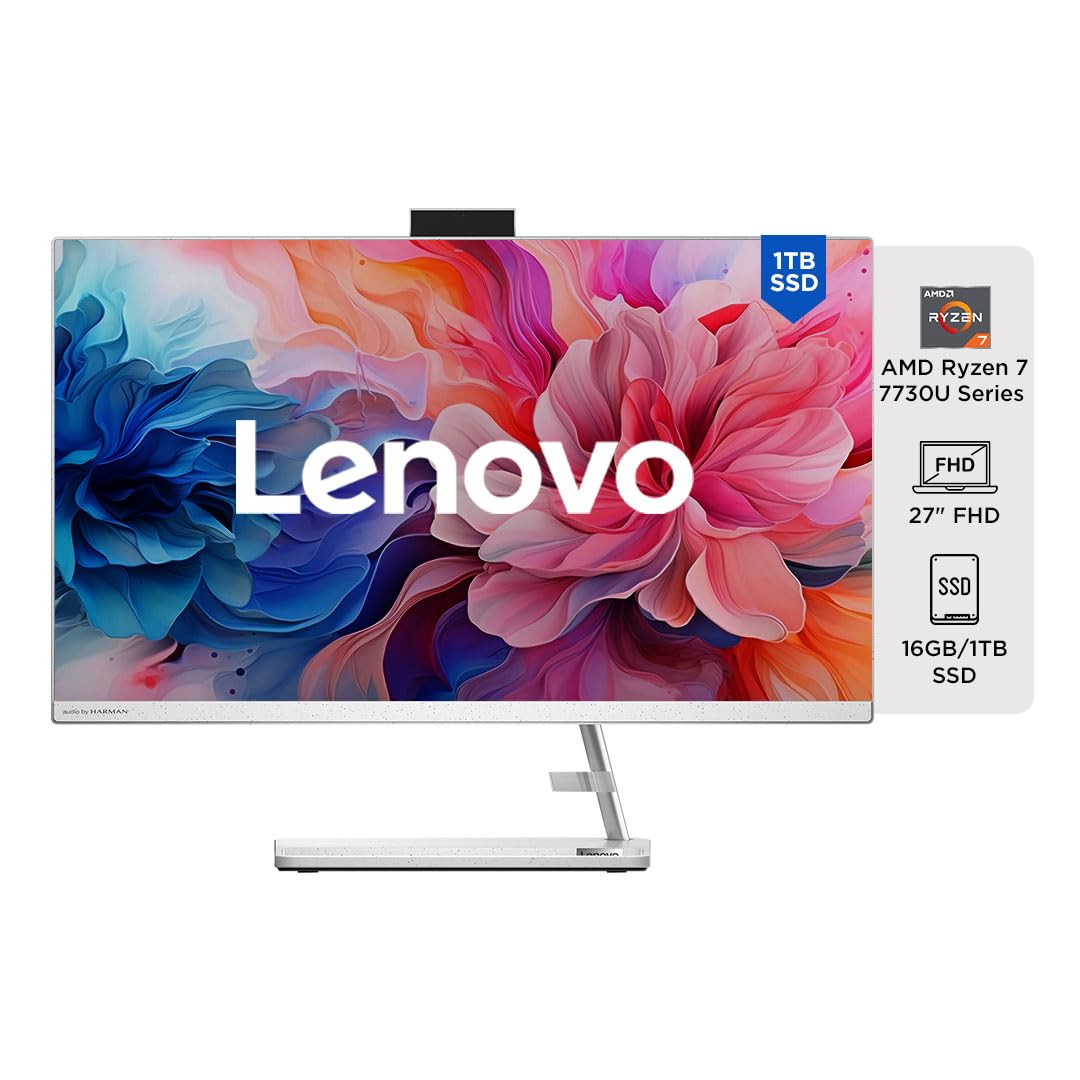 Lenovo IdeaCentre AIO 3 AMD Ryzen 7 7730U 27" FHD IPS 3-Side Edgeless All-in-One Desktop with Alexa Built-in (16GB/1TB SSD/Win11/Office 2021/5.0 MP + IR Camera/Wireless Keyboard & Mouse), F0FY00N8IN