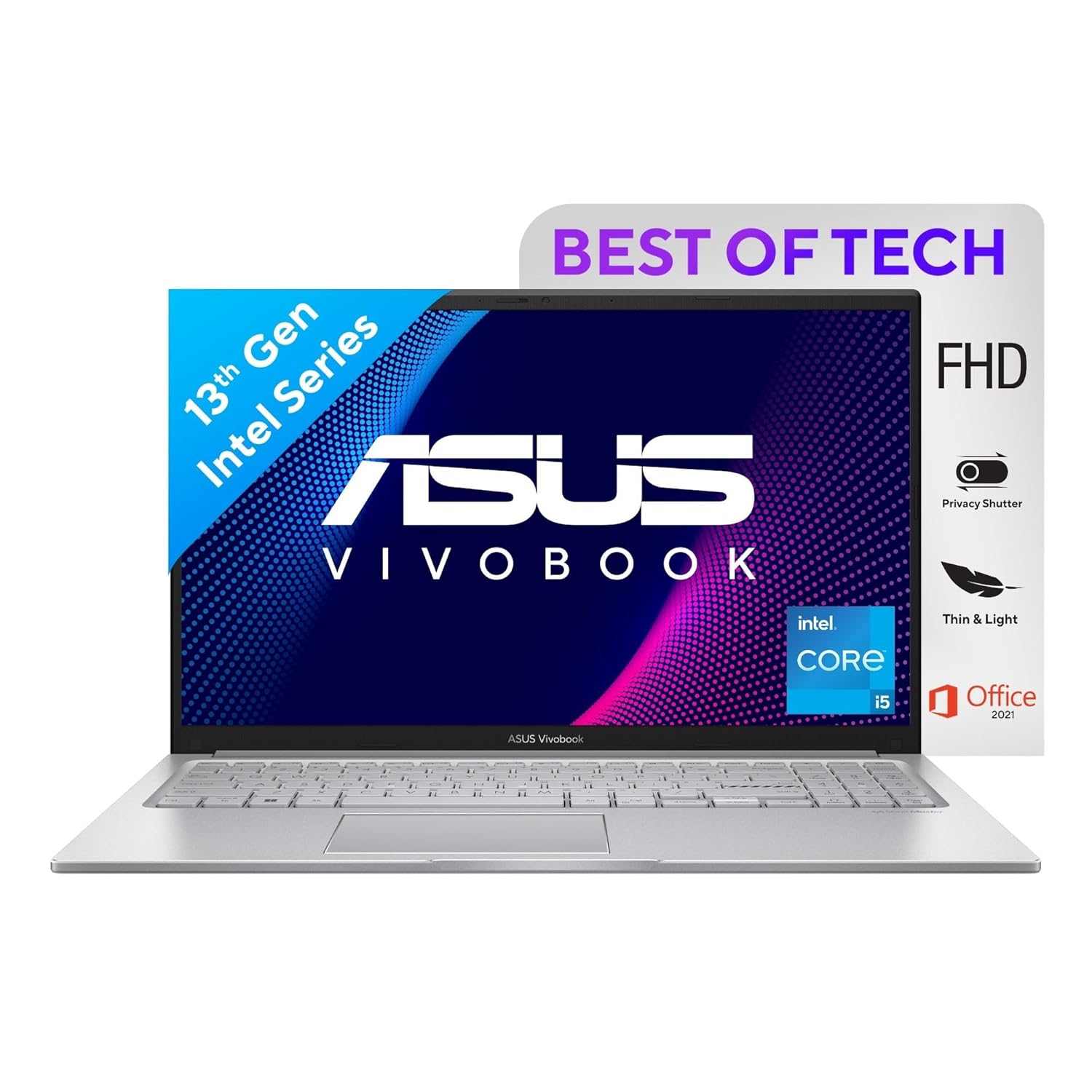 ASUS Vivobook 15 (2023), Intel Core i5-1335U 13th Gen, 15.6" (39.62 Cms) FHD, Thin and Light Laptop (8GB RAM /512GB SSD/Intel Iris X?/Windows 11/Office 2021/Fingerprint/Silver/1.7 Kg),X1504VA-NJ524WS