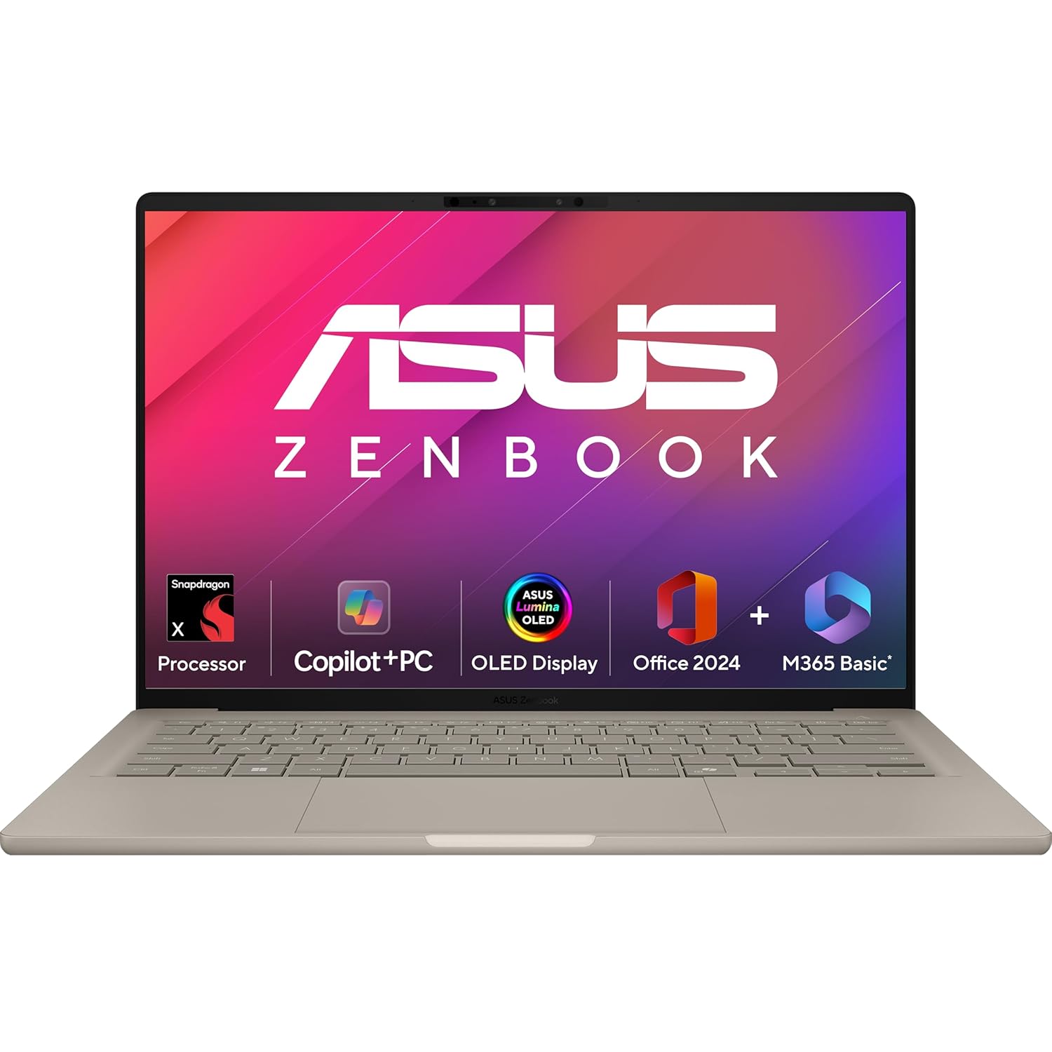 ASUS Zenbook A14, Snapdragon X, Copilot+ PC (Qualcomm Adreno iGPU/16GB RAM/512GB SSD/Windows 11/M365 Basic (1Year)*/Office 2024/14" FHD+ OLED/AI PC/Zabriskie Beige/0.98 kg),UX3407QA-QD258WS