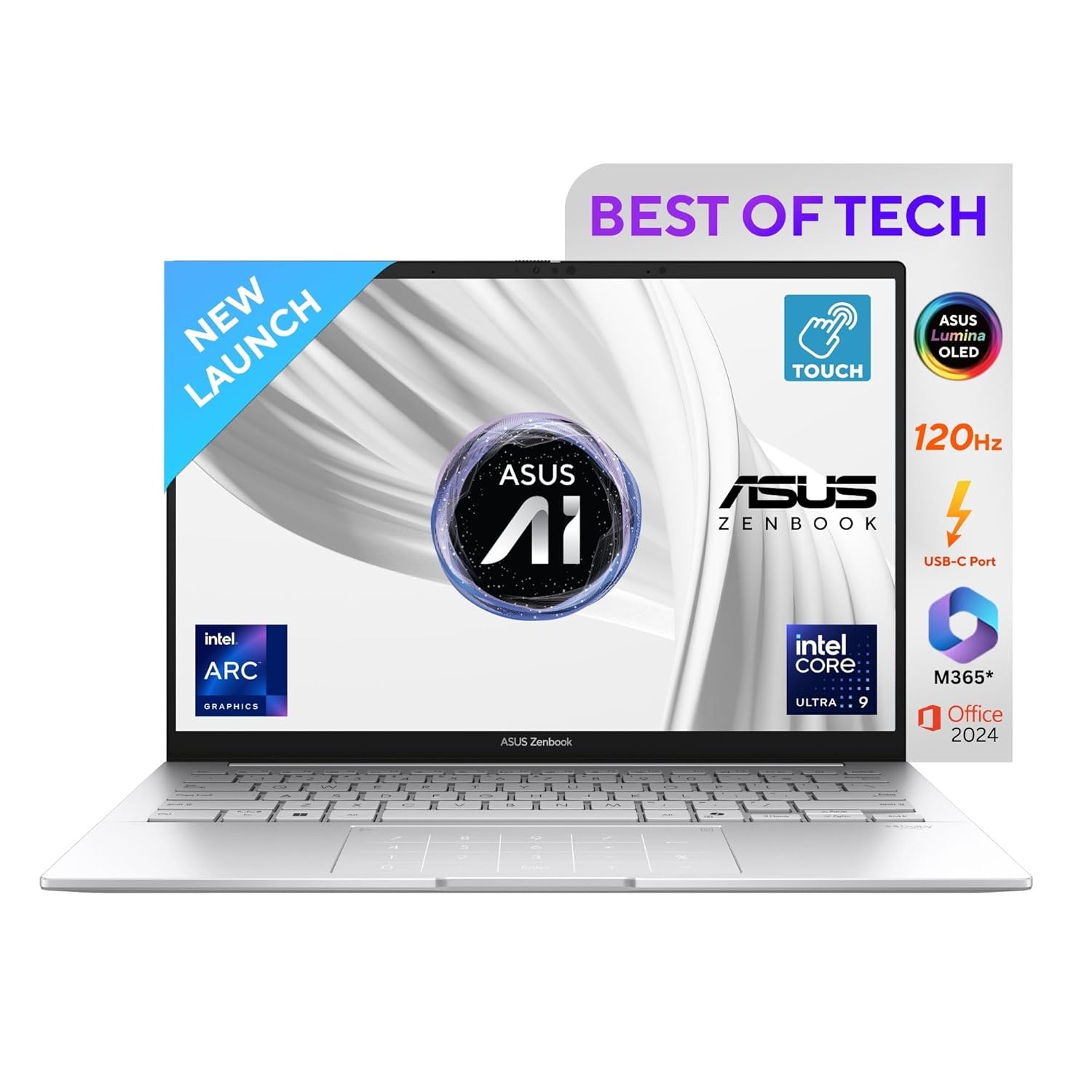 ASUS Zenbook 14, 14" 3K (2880 x 1800) OLED, Touch Screen,Intel Core Ultra 9,(32GB RAM/1 TB/Intel Arc iGPU/Windows 11/M365 Basic(1Year)*/Office Home 2024/Foggy Silver/1.28 Kg),UX3405CA-PZ349WS
