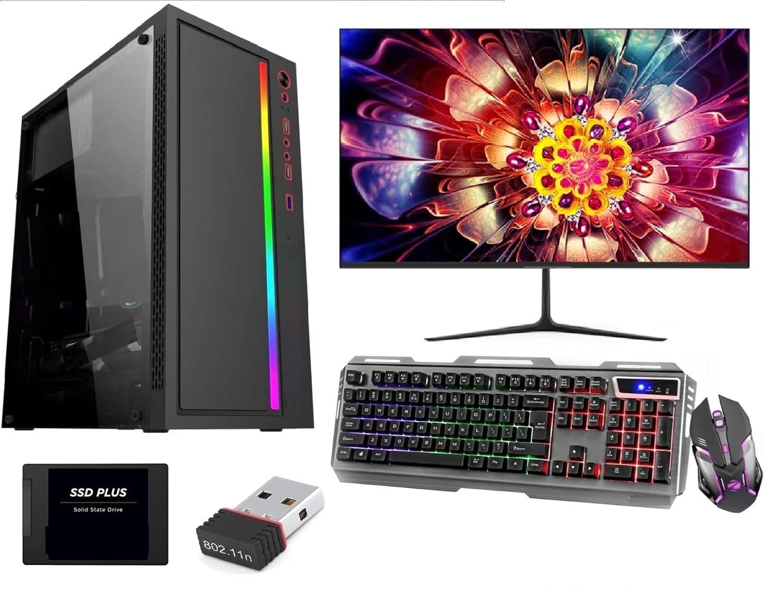 KRYNORCXY Gaming Pc Desktop Computer Full Set Core I7 3770 |16GB Ram |512GB SSD|Windows 10| GT 4GB 730 DDR5 Graphics Card with 19 inches led Monitor RGB Keyboard RGB Mouse Wi-fi Ready to Play