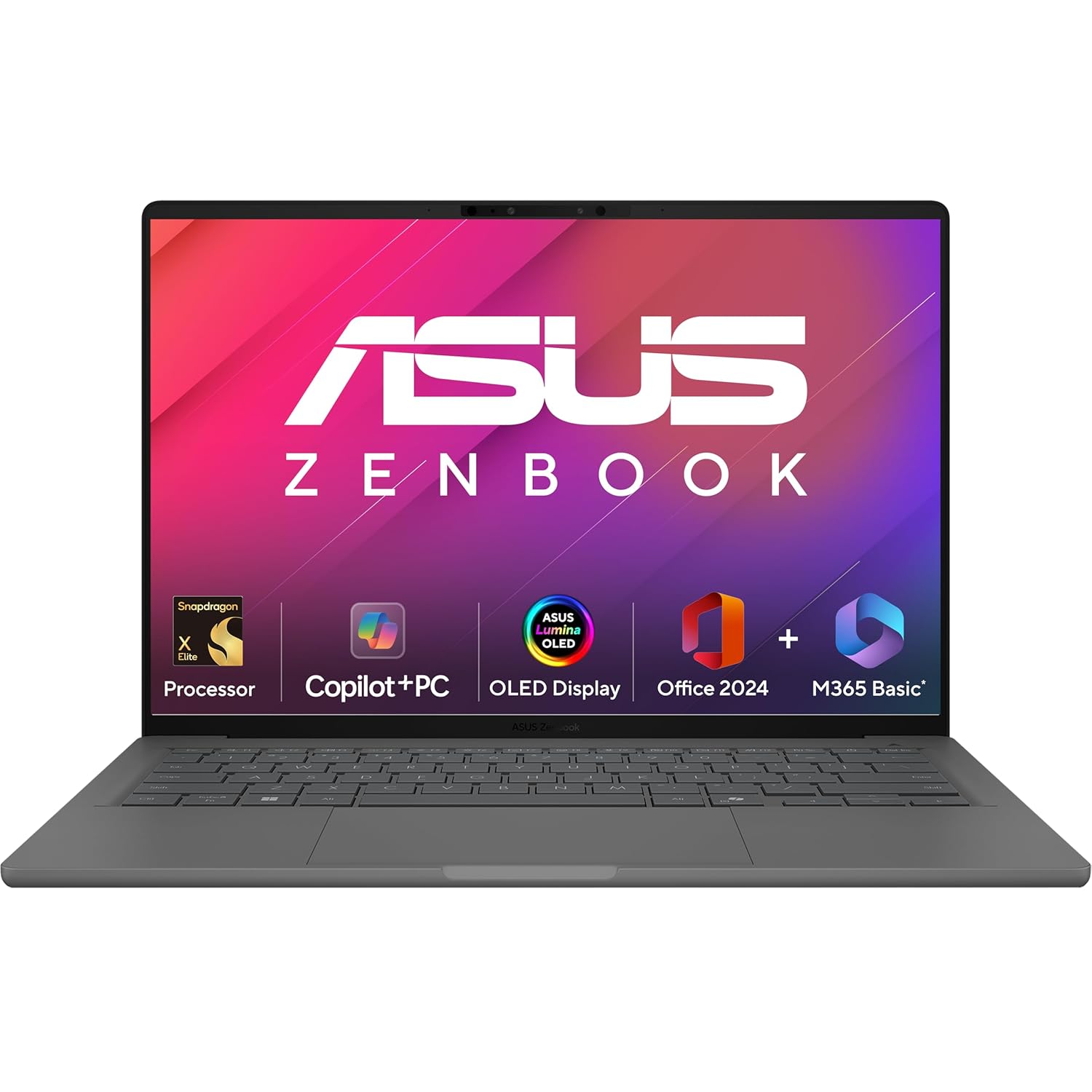 ASUS Zenbook A14,Snapdragon X Elite,Copilot+ AI PC(Qualcomm Adreno iGPU/45TOPS/16GB/512GB/FHD+/14"/60Hz/70WHrs/Windows 11/M365 Basic (1Year)*/Office Home 2024/Iceland Gray/0.98 kg) UX3407RA-QD061WS