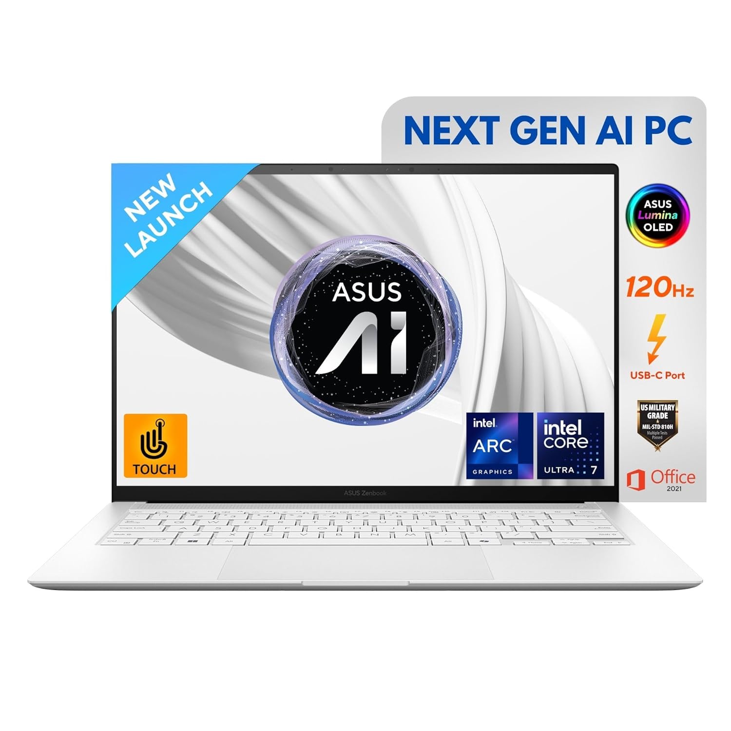 ASUS Zenbook S 14, Intel Core Ultra 7 (Series 2), 32GB RAM, 1TB SSD, 3K OLED Touch 120Hz 500nits, 14", Windows 11, MS Office Home,Scandinavian White, 1.2KG,UX5406SA-PZ358WS, AI Powered Laptop