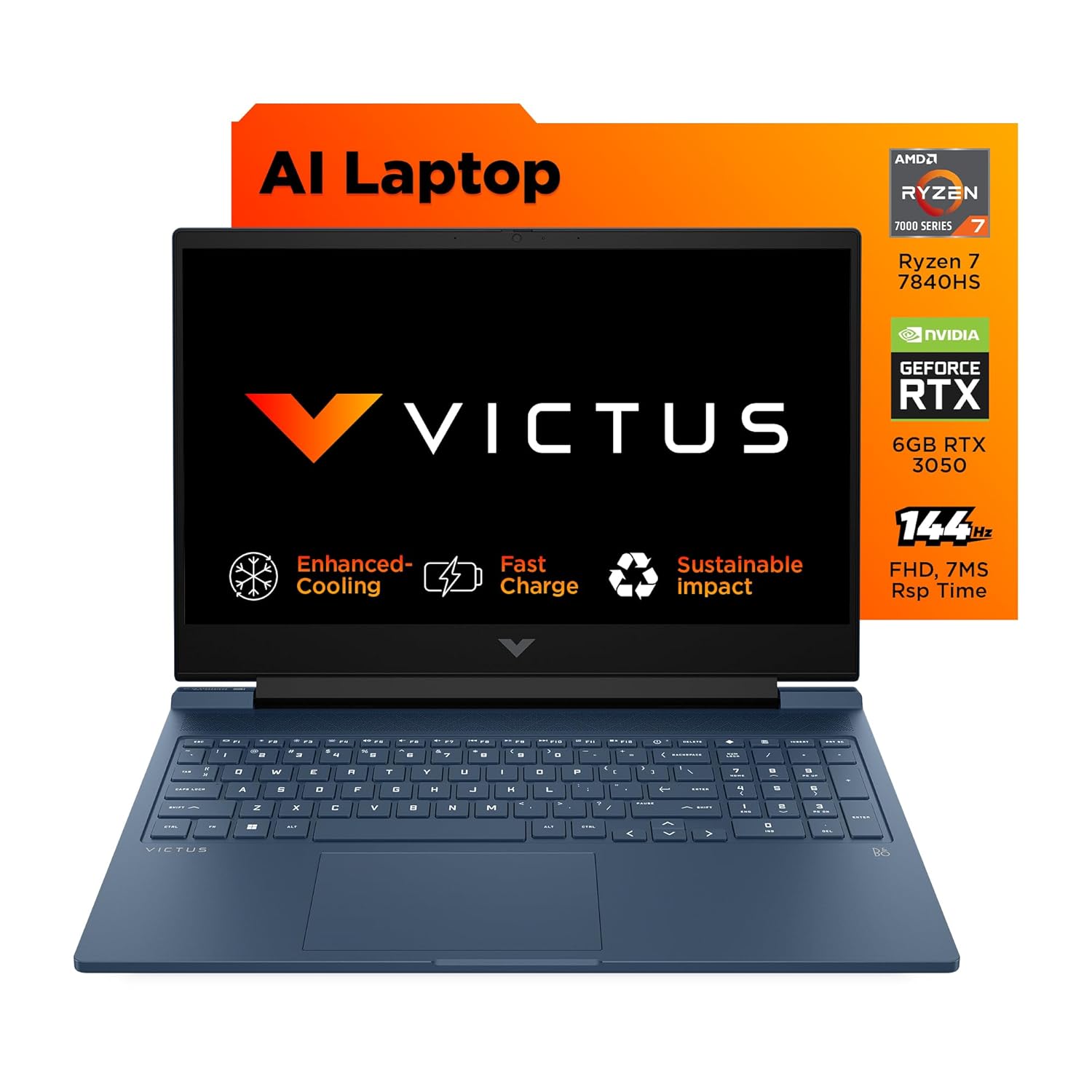 HP Victus Windows 11 Home Gaming Laptop,AMD Ryzen 7 7840Hs Ai Powered,6Gb RTX 3050 Gpu,16.1-Inch (40.9 Cm),95W Tgp,Fhd,IPS,144Hz,16Gb Ddr5,1Tb Ssd,RGB Backlit Kb,B&O (Mso,Blue,2.29 Kg),S0089Ax