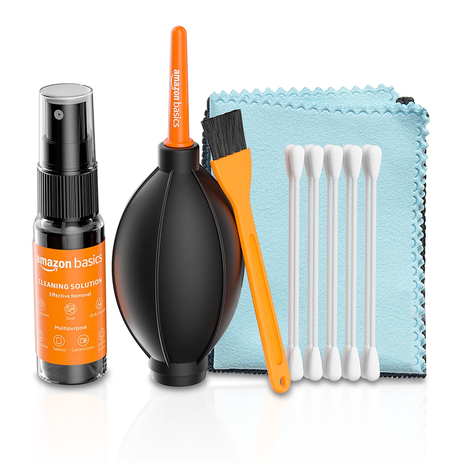 Amazon Basics Professional 6-in-1 Cleaning Kit for Laptops, Tablets, Smartphones, Cameras (Includes: Air Blower, Cotton Swabs, Suede + Plush Micro-Fiber Cloth, Cleaning Brush, Cleaning Solution)