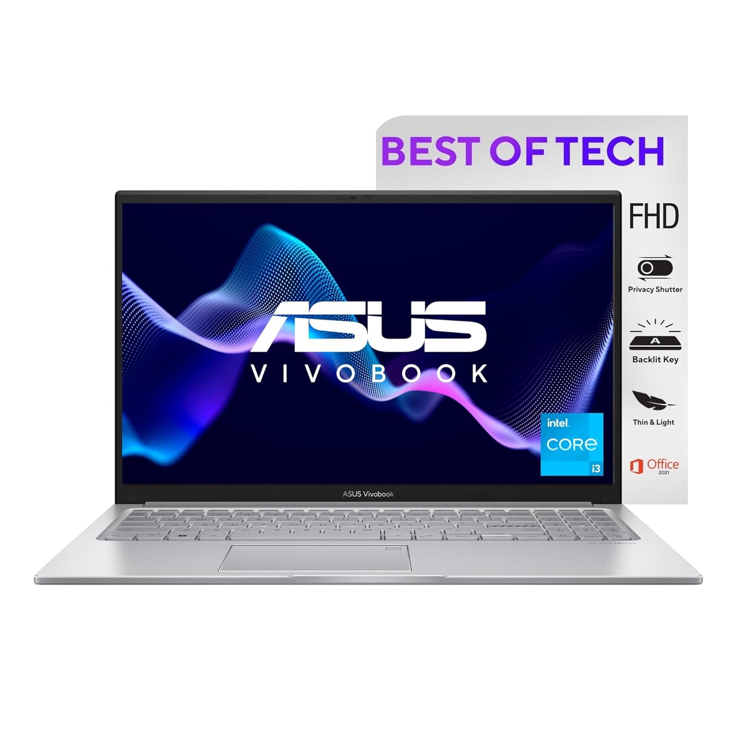 ASUS VivoBook 15 (2022), Intel Core i3-1215U, 12th Gen, 8GB RAM, 512GB SSD, FHD, 15.6"/39.62cm, Windows 11, Office 2021, Cool Silver, 1.7KG, X1504ZA-NJ322WS, Backlit KB Laptop