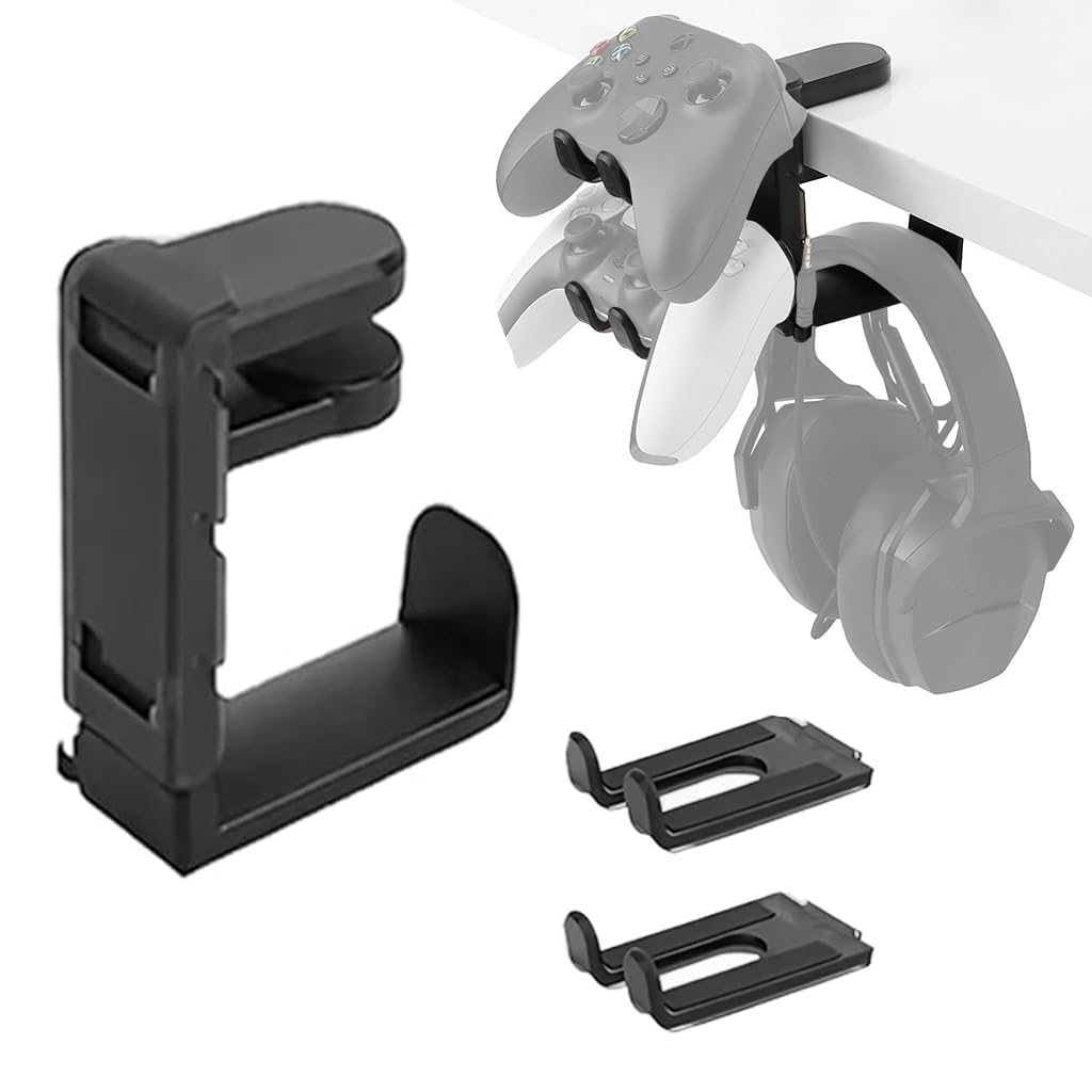 ZORBES 3-in-1 PC Gaming Headset&Controller Holder, Headphone Stand with Adjustable Clamp&2 Controller Holder&Rotating Arm&Cable Organizer, 360 Degree Rotatable PC Gaming Accessory Headset Holder