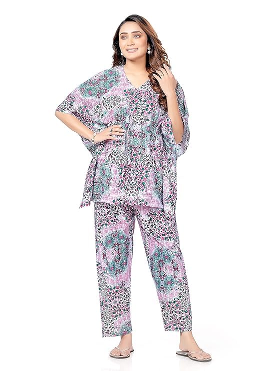 NEGLIGEE Women's Night Dress Cotton Printed Co Ord Set for Women | Night Suit Pyjama Set 2 pcs Casual Daywear Outfits (Free Size, Blue)