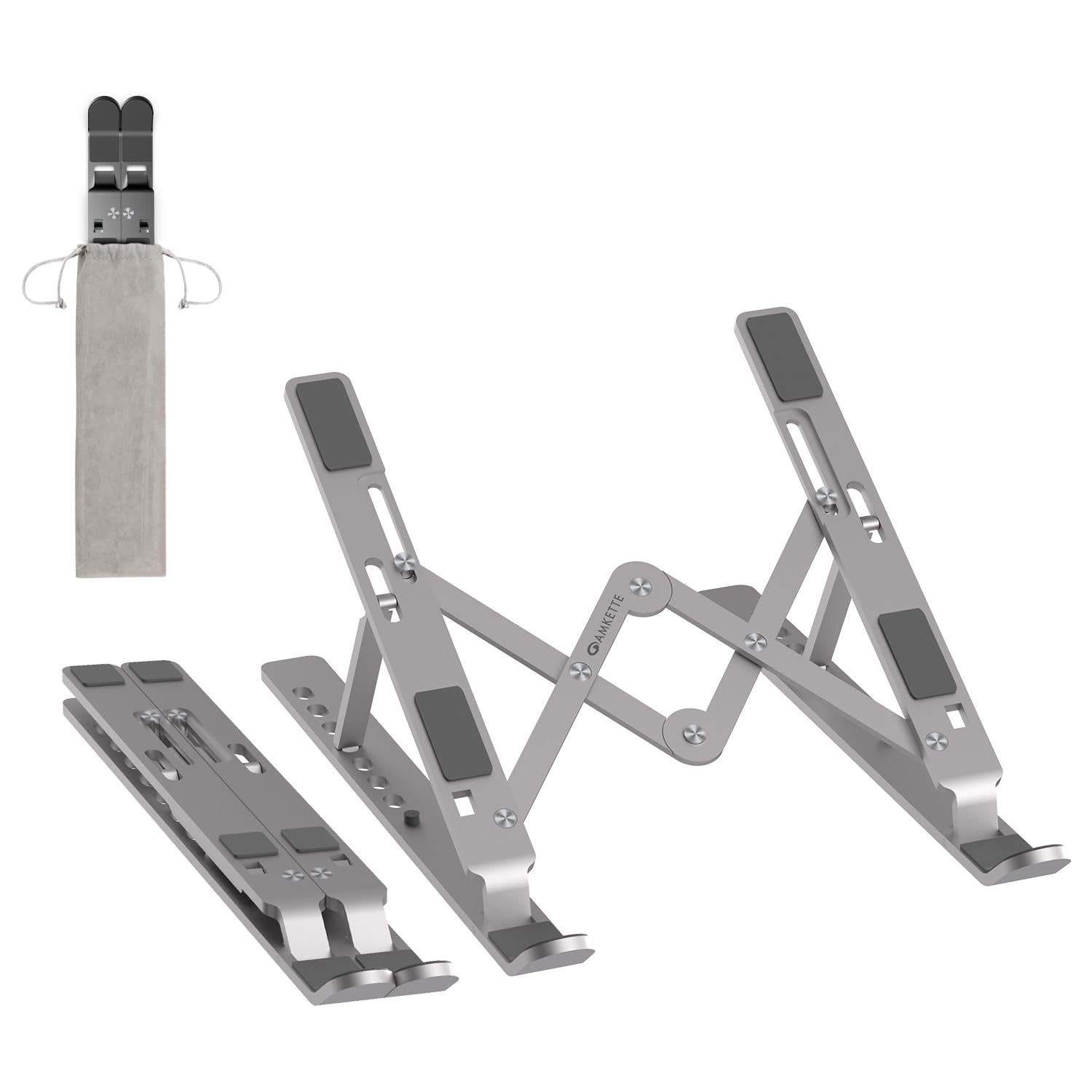 Amkette Ergo View Foldable Laptop Stand Metal, Centre Dual Hinge Support, Specially Designed for Heavy laptops with Revited Joints, 7 Adjustable Levels, Anti Slip Silicone Grips (Silver)