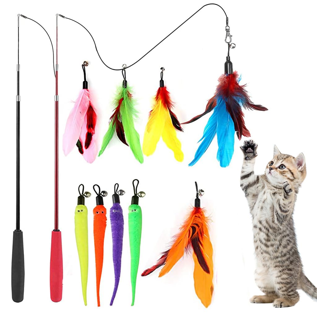 Qpets Cat Teaser Toy, Feather Toy for cat 11 Pcs Cat Toy Set with 2 Retractable Teaser Wand & 5 Feather Teaser Toy & 4 Worm Teaser, Interactive Cat Toys for Kitten to Play Chase Activity Exercise