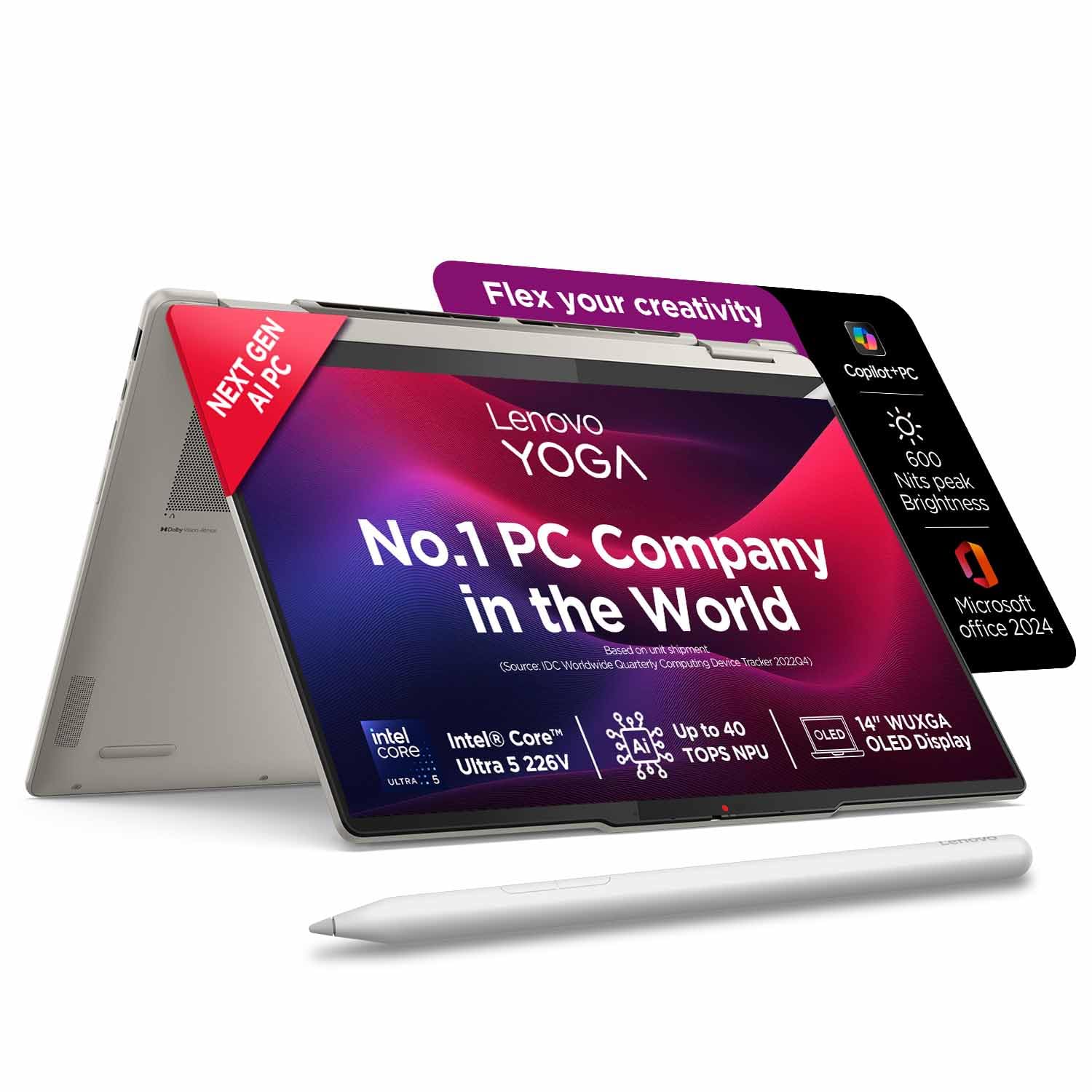 Lenovo Yoga 7 2-in-1 Intel Core Ultra 5 226V,Copilot+ AI PC(16GB RAM/1TB SSD/14(35.5cm)/WUXGA OLED/40 Tops/Win 11/Office Home 2024/Yoga Pen/1Yr ADP/Seashell/1.38Kg), 83JQ003YIN Convertible Laptop