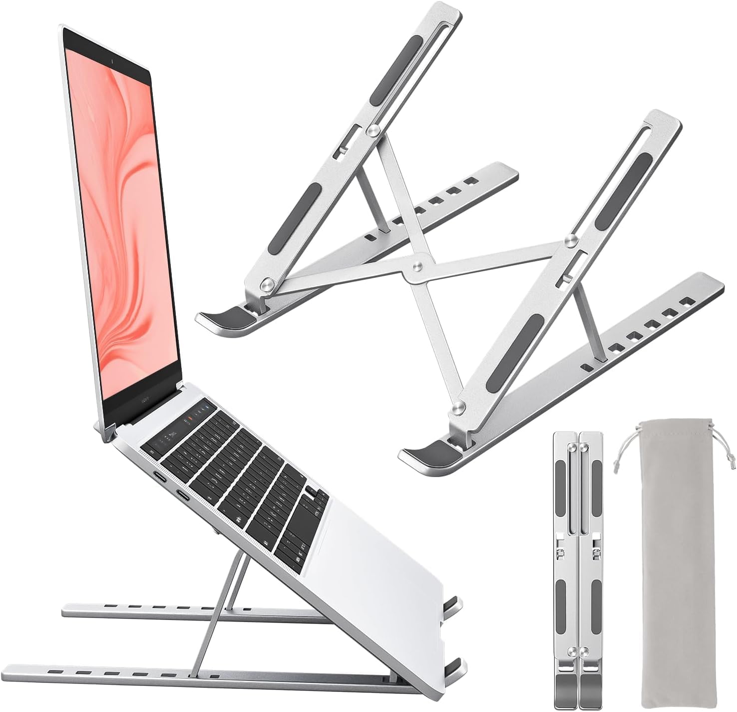 EDNITA Laptop Stand for Desk Holder Computer Portable Foldable Adjustable Notebook Stands, Aluminium Metal MacBook Stand, Compatible with 10-15.6 Inch Laptops, iPad-Silver
