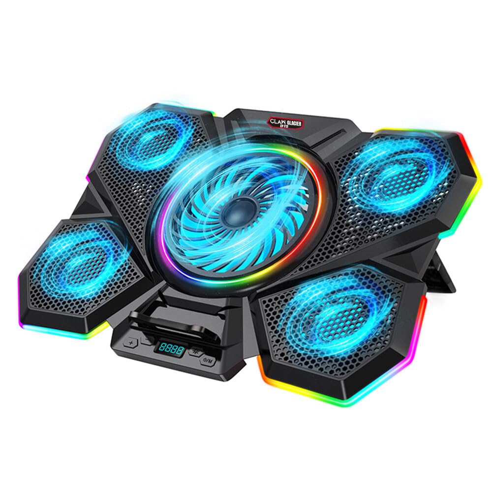 CLAW Glacier F13 RGB Laptop Cooling Pad with 5 Turbo Fans, 7 Adjustable Height with Switch Control and LCD Screen | Black