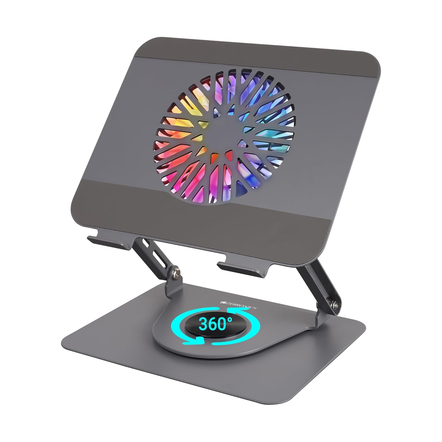 ZEBRONICS NS4000 PRO Rotatable Laptop Metal Stand, Upto 17 inch, 360 Fidget Rotation, Foldable, Multi Angle Adjustment, Type C Detachable RGB Magnetic Fan, Anti-Slip Silicone Pads, Carbon Steel Body