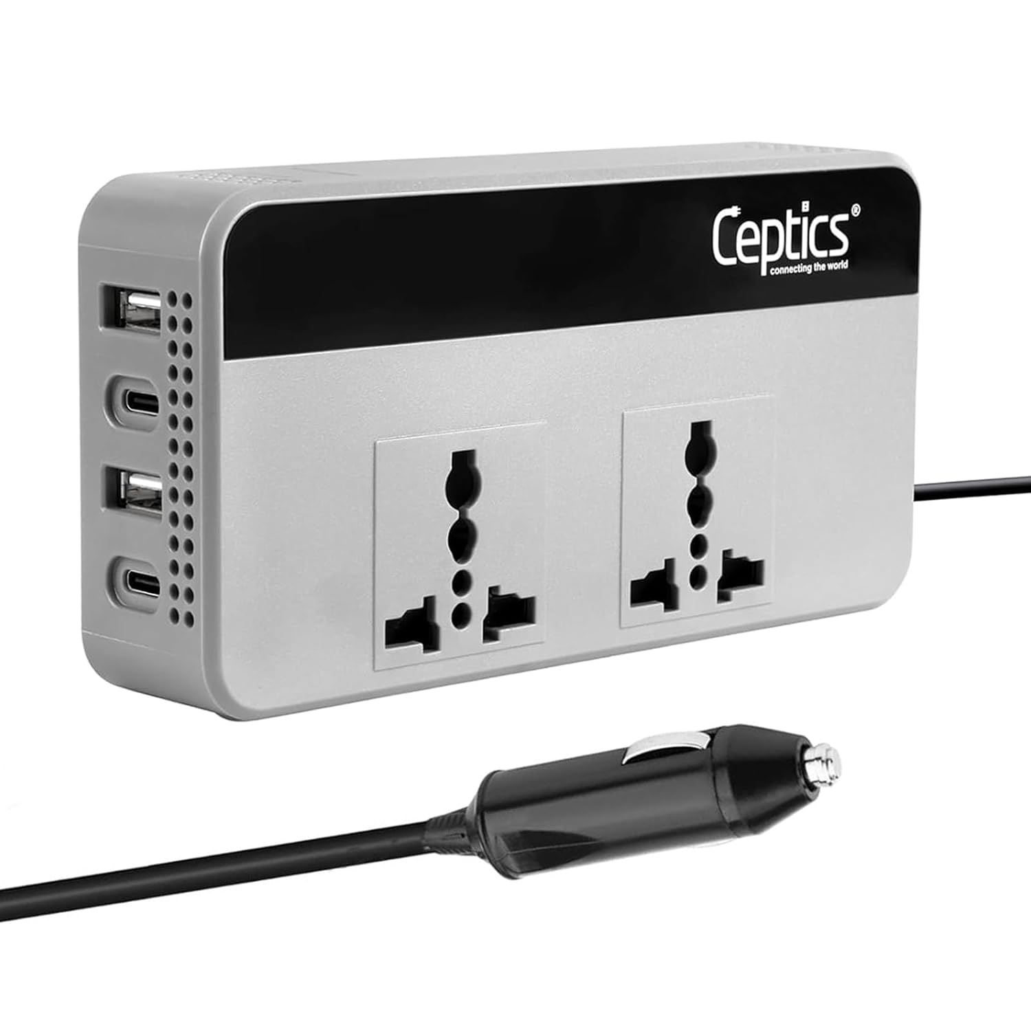 Ceptics 200W Car Laptop Charger/car Inverter with 2X Universal Outlet with SmartVoltage Technology, 12V DC to 220V-AC with 18 Months Warranty, 18W 2 USB-A, 2 USB-C with 18W QC 3.0 - Grey