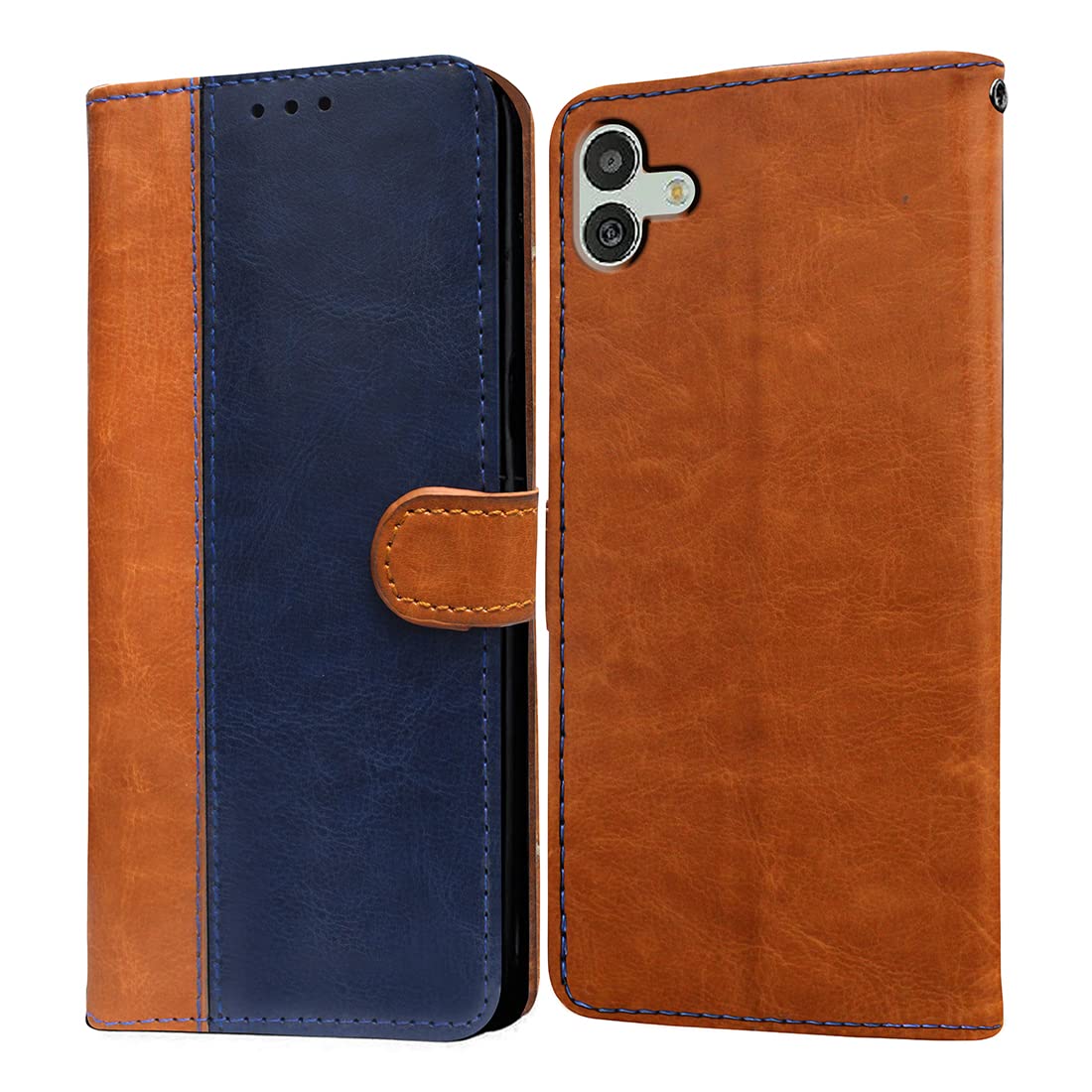 Casotec Flip Cover for Samsung Galaxy M04 4G | Premium Leather Finish | Inbuilt Pockets & Stand | Flip Case for Samsung Galaxy M04 4G (Camel and Blue)