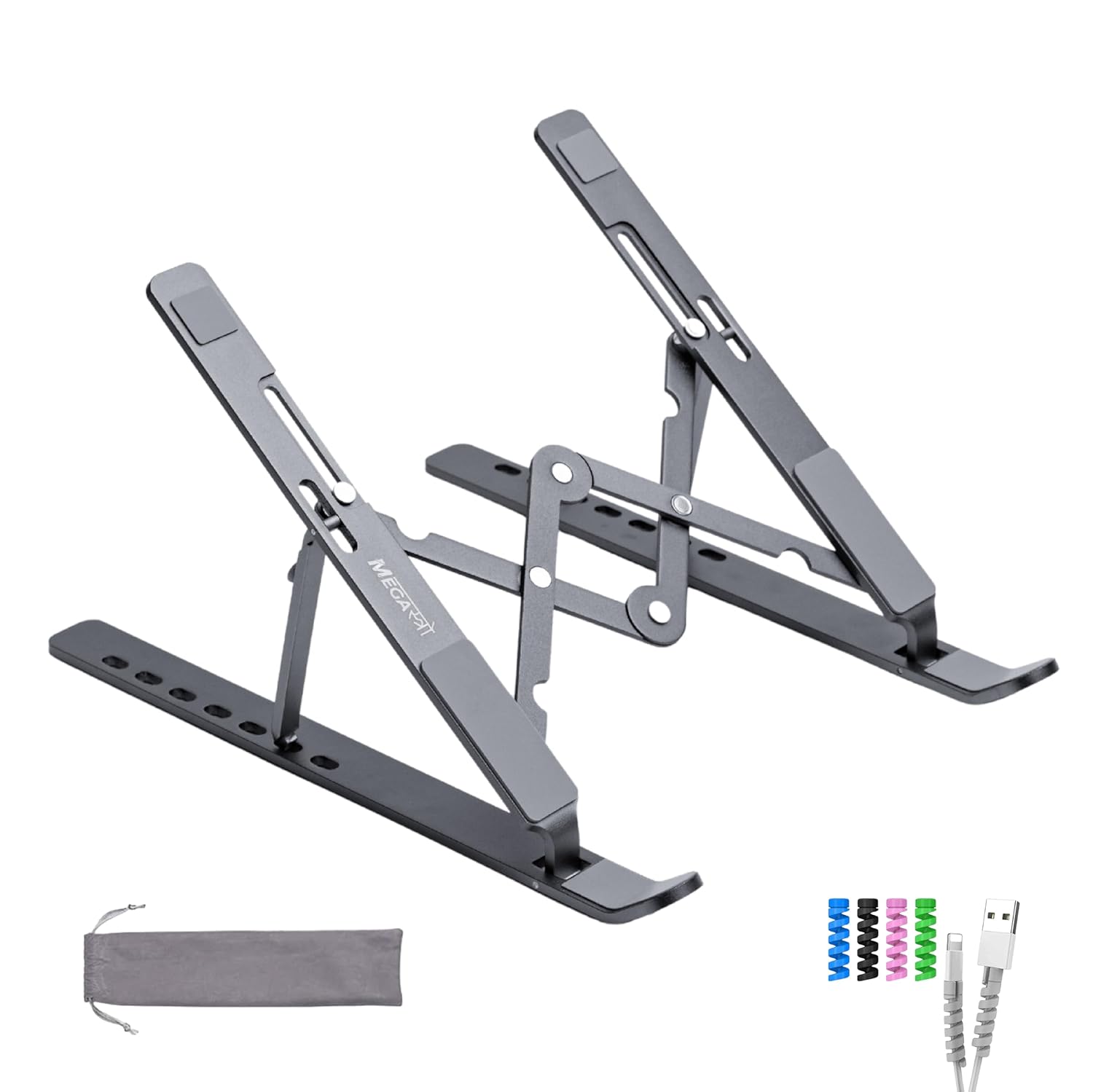 MegaStro Laptop Stand for Desk with 7 Adjustable Angles, Aluminum Ergonomic Foldable Portable Compatible with All Brands 6-17.3 [with Pouch] [with Wire Protectors] (Metallic Grey)