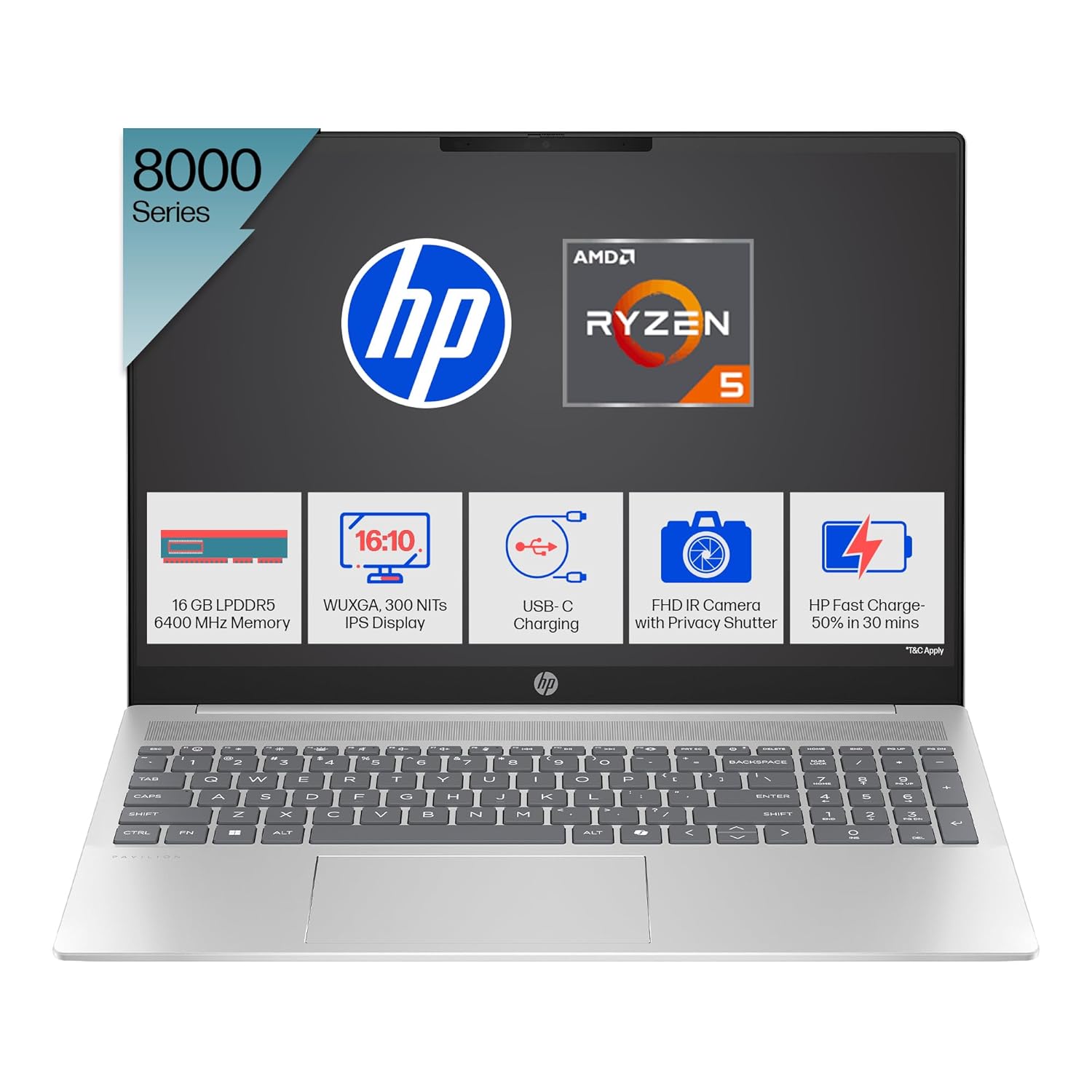 HP Pavilion, AMD Ryzen 5 8540U, 16GB LPDDR5, 512GB SSD, (Win 11, Office 21, Silver, 1.79kg), IPS, Anti-glare, 16-inch(40.6cm), WUXGA Laptop, AMD Radeon graphics, 1080p FHD camera, Backlit KB, ag0019AU