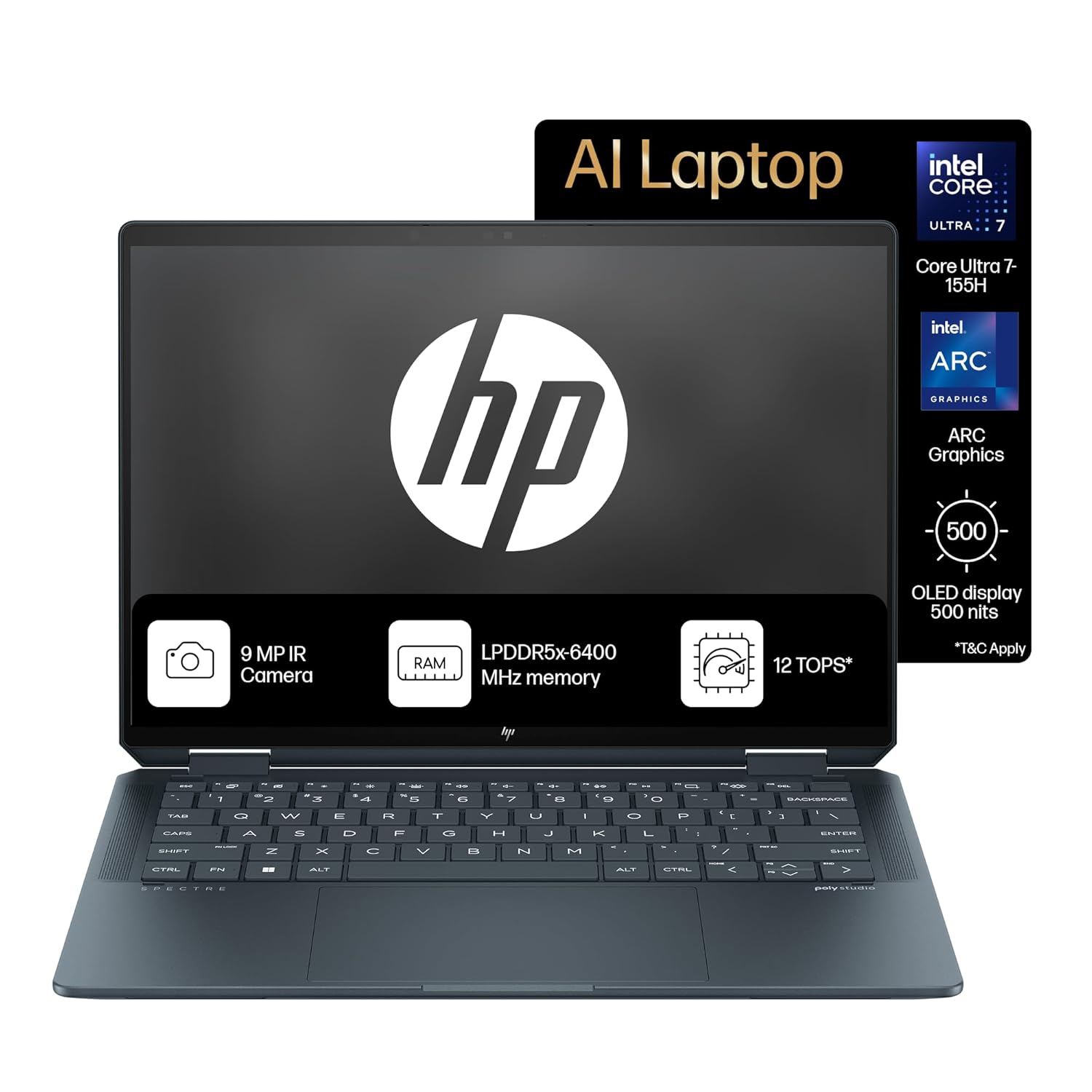 HP Spectre x360, Intel Evo Core Ultra 7 155H, Built-in AI, 14-inch (35.6 cm), 2.8K OLED, 32GB LPDDR5x, 1TB SSD, 120 Hz IMAX, 9MP IR Camera w/Camera Shutter (Win 11, MSO, Blue, 1.34 kg), eu0556TU