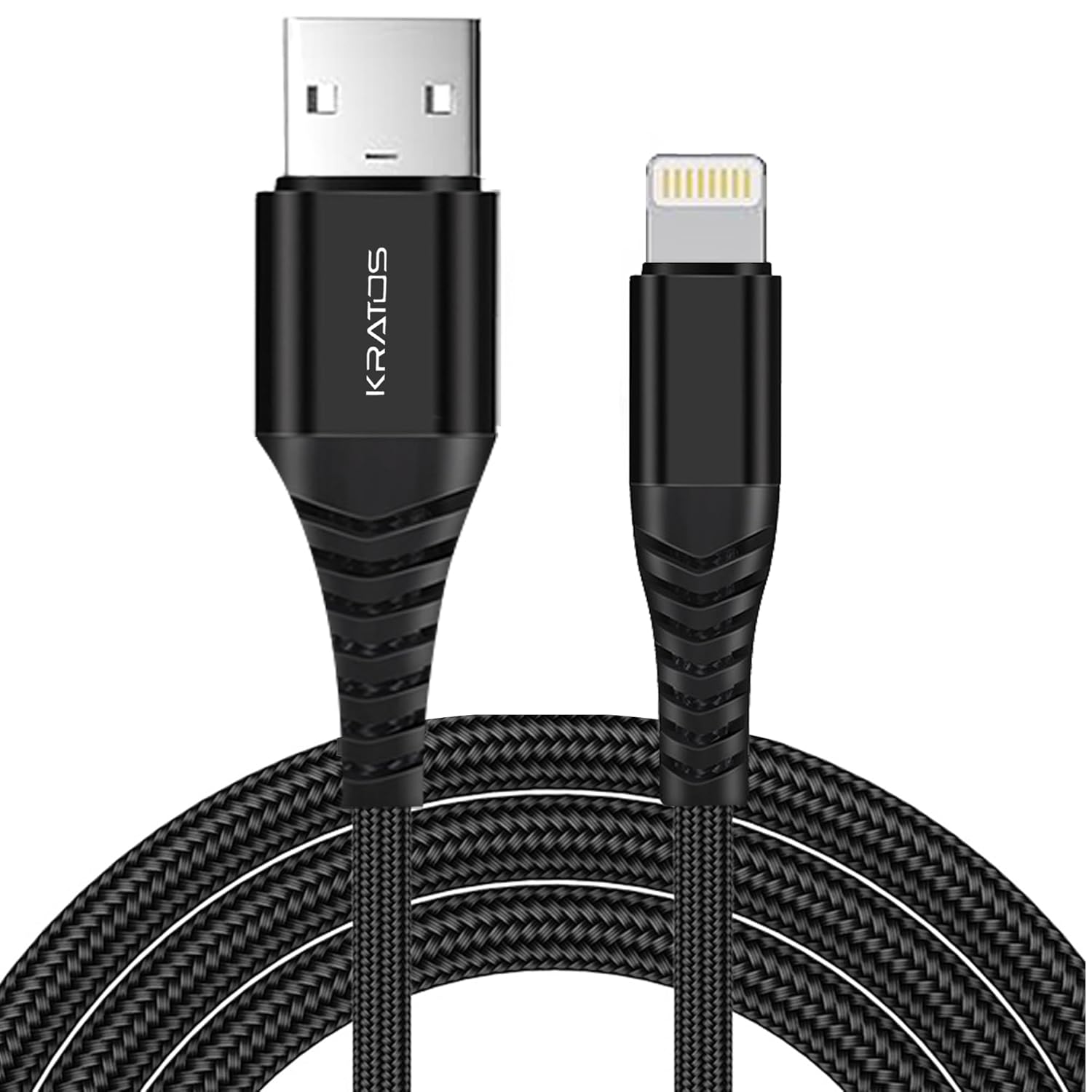 Kratos USB to Lightning 3A Fast Charging Braided Cable Compatible with iPhone 14, 13, 12, 11, X, 8, 7, 6, 5, iPad, MacBook, iMac, Airpods, 480Mbps Data Sync, 1.3Meter Long, Black