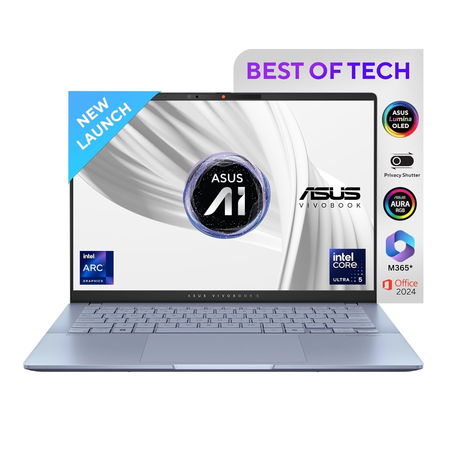ASUS Vivobook S14,Intel Core Ultra 5 (Series 2),Copilot+ AI PC(Intel Arc iGPU/40TOPS/16GB RAM/512GB SSD/FHD+/14"/60Hz/Windows 11/M365 Basic (1Year)*/Office Home 2024/Mist Blue/1.30 kg) S5406SA-QD098WS