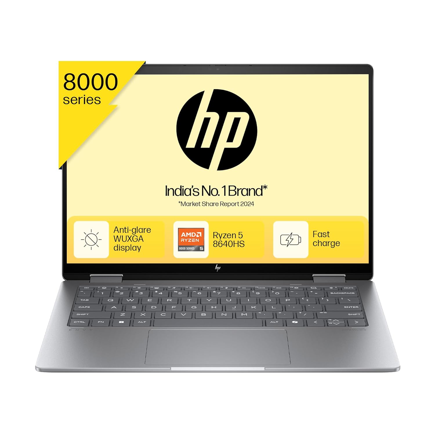 HP Envy x360, Enhanced by AI, AMD Ryzen 5 8640HS, 14-inch (35.6 cm), WUXGA, 16GB LPDDR5, 512GB SSD, AMD Radeon Graphics, 5MP IR Camera, Poly Studio (Win 11, MSO 2021, Silver, 1.44 kg), fa0038AU