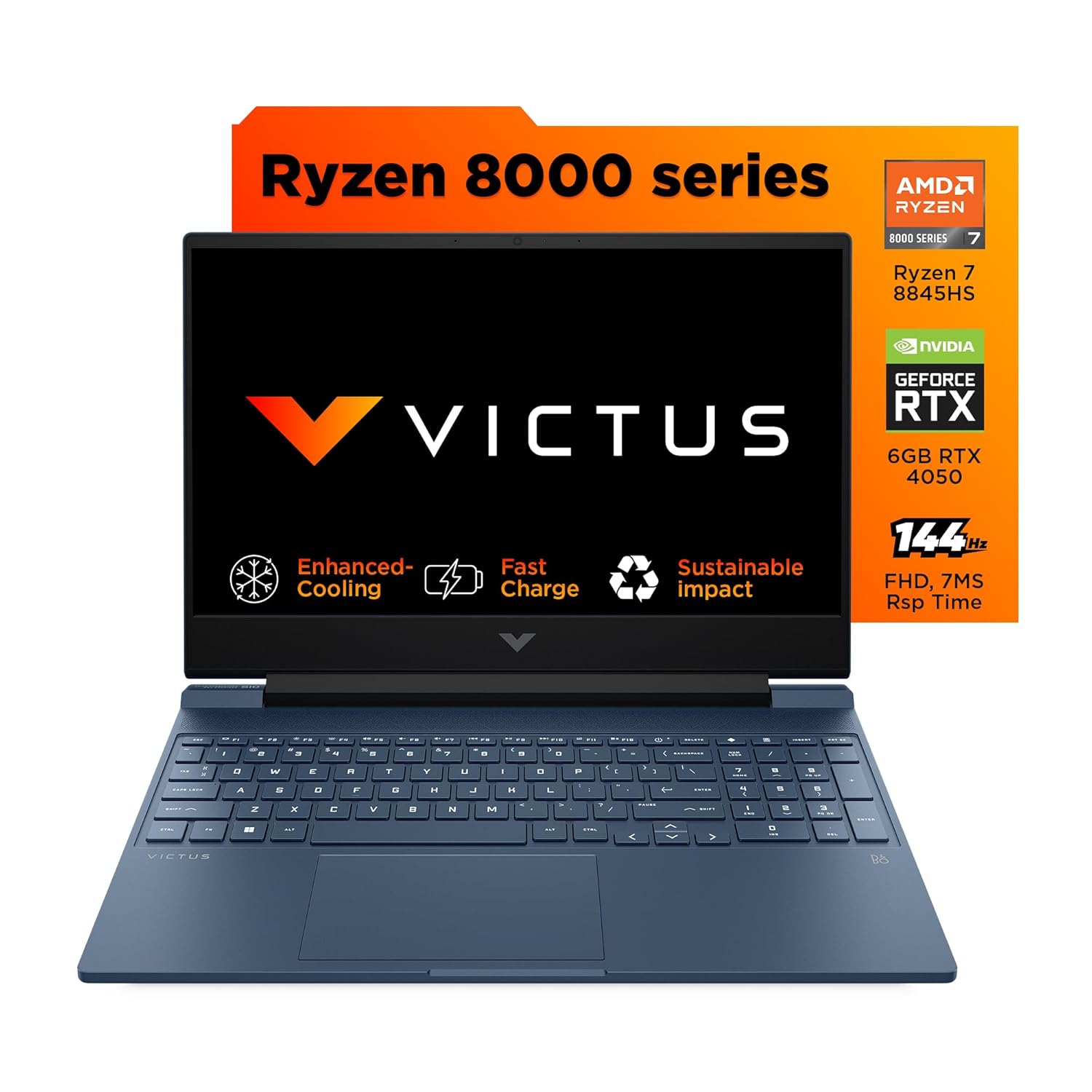 HP Victus, AMD Ryzen 7 8845HS, 16GB DDR5, 512GB SSD, 6GB NVIDIA RTX 4050, (Win 11, Office 21, Blue, 2.3kg) 144Hz, IPS, 15.6-inch(39.6 cm) Flicker-Free FHD Gaming Laptop, Enhanced Cooling, fb2114AX