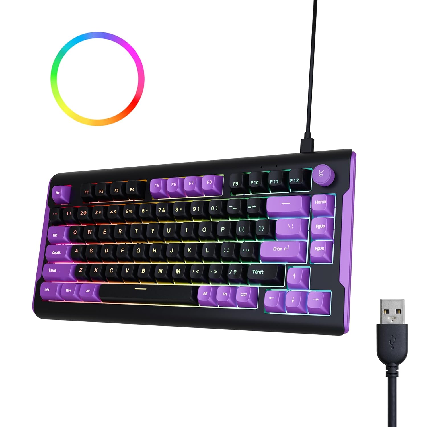 Kreo Hive Lite Wired RGB Membrane Gaming Keyboard, Ultra Silent 75% Compact Keyboard, RGB Keyboard Volume Knob, Windows Game Mode Lock Key Board Gaming with RGB Backlight Keyboard (Black, Purple)