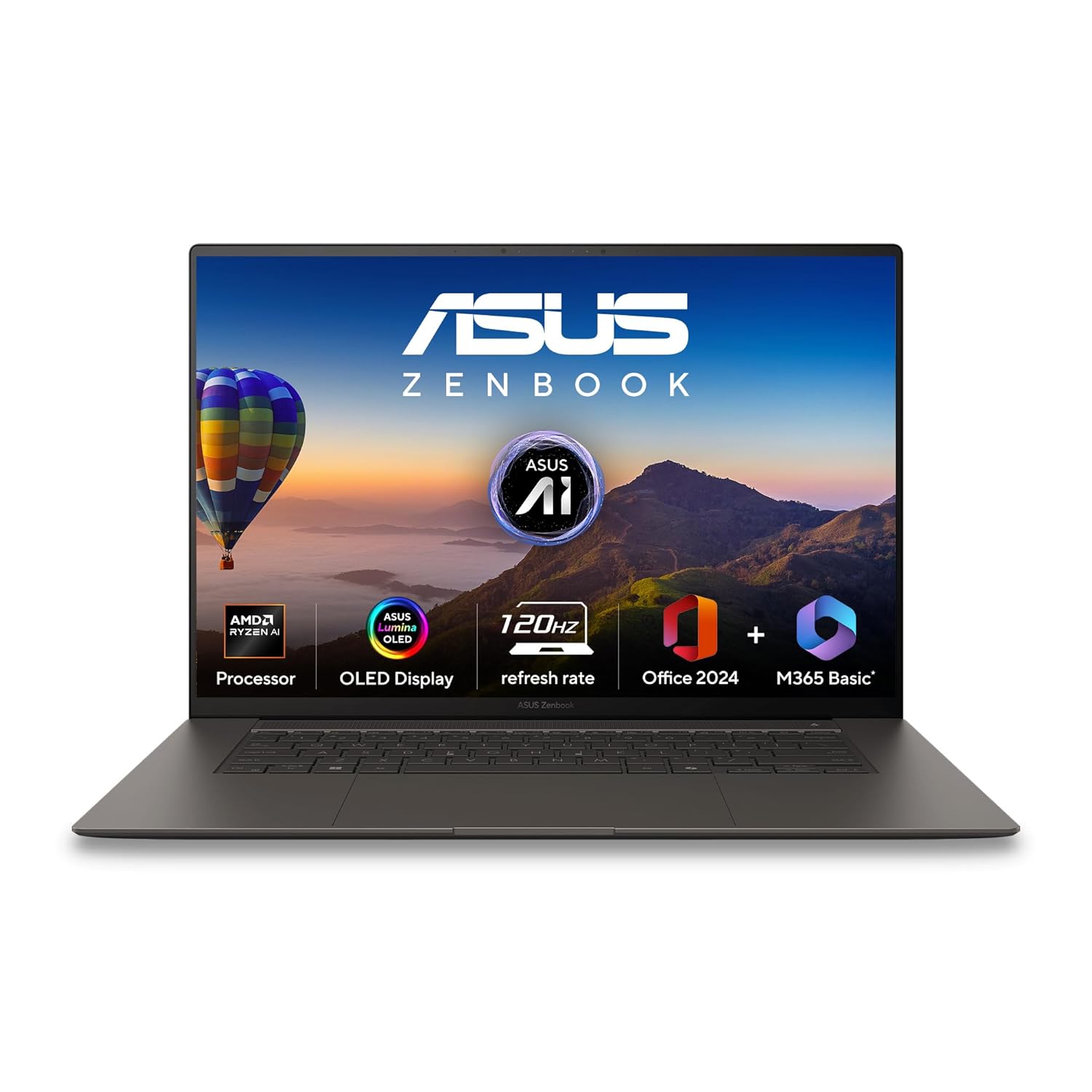 ASUS Zenbook S16, 16" Touch Screen, 3K OLED, AMD Ryzen AI 7 Octa Core 350,Copilot+ AI PC (24GB/1TB/AMD Radeon iGPU/Windows 11/M365 Basic (1Year)*/Office Home 2024/Zumaia Gray/1.5 Kg), UM5606KA-RJ109WS