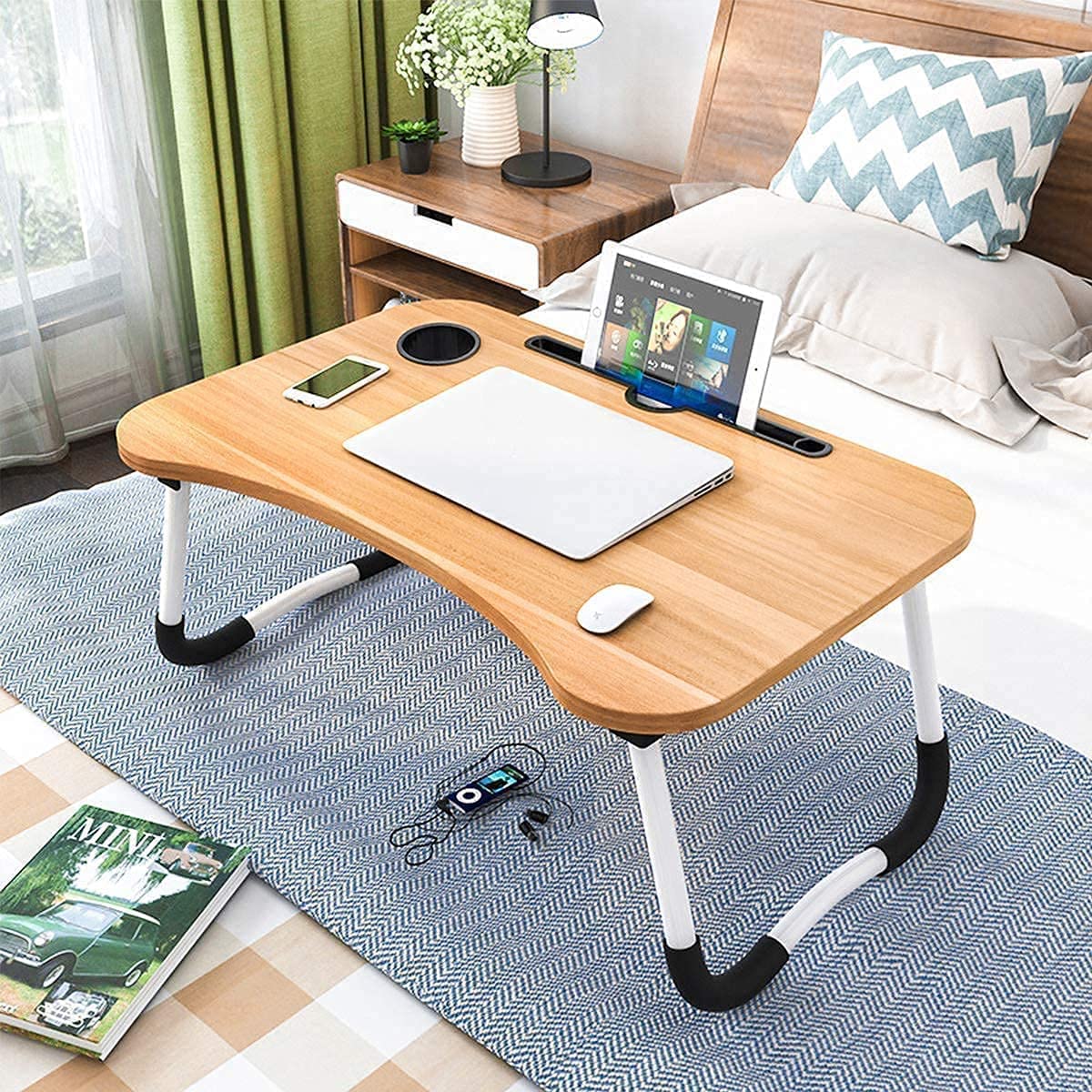 Foldable Wooden Mini Laptop Table for Bed, Smart Study Table with Drawer Kids & Adults (US-COTTEDS .Wood.B2)