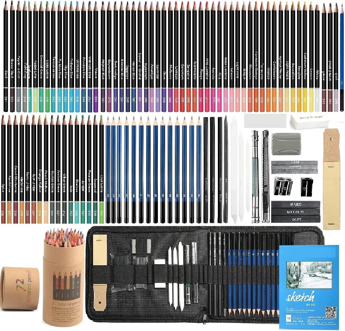 Corslet 110 Pc Sketching Kit for Artists | Drawing Pencils, A5 Sketch Book, 72-Color Pencils Set, Charcoal Pencil Set, and Supplies for Artist, Students and Adults (110)