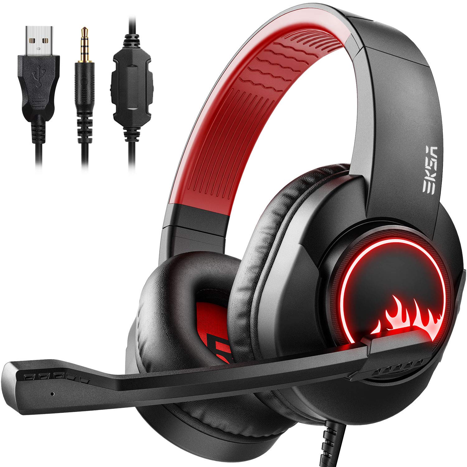 EKSA T8 Ps4 Gaming Wired Over Ear Headphones with Mic with Noise Canceling, Pc with Surround Stereo Sound, Led Light for Ps4, Pc, Laptop (RED)