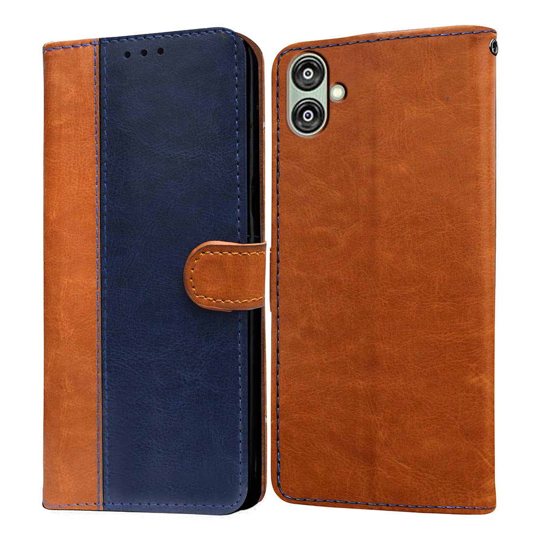 Casotec Flip Cover for Samsung Galaxy F04 4G | Premium Leather Finish | Inbuilt Pockets & Stand | Flip Case for Samsung Galaxy F04 4G (Camel and Blue)