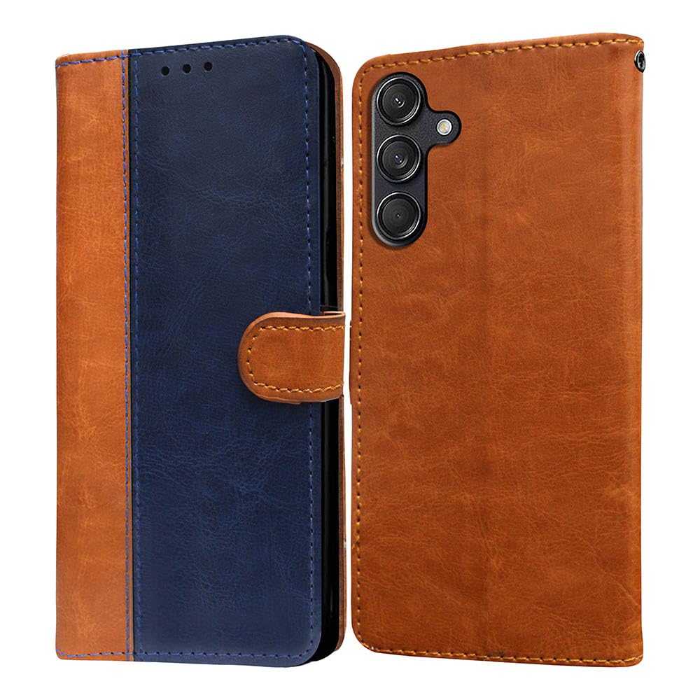amazon basics Flip Leather Mobile Cover (Soft & Flexible Back case) for Samsung Galaxy M55 5G / M55s 5G / F55 5G(CamelBlue)