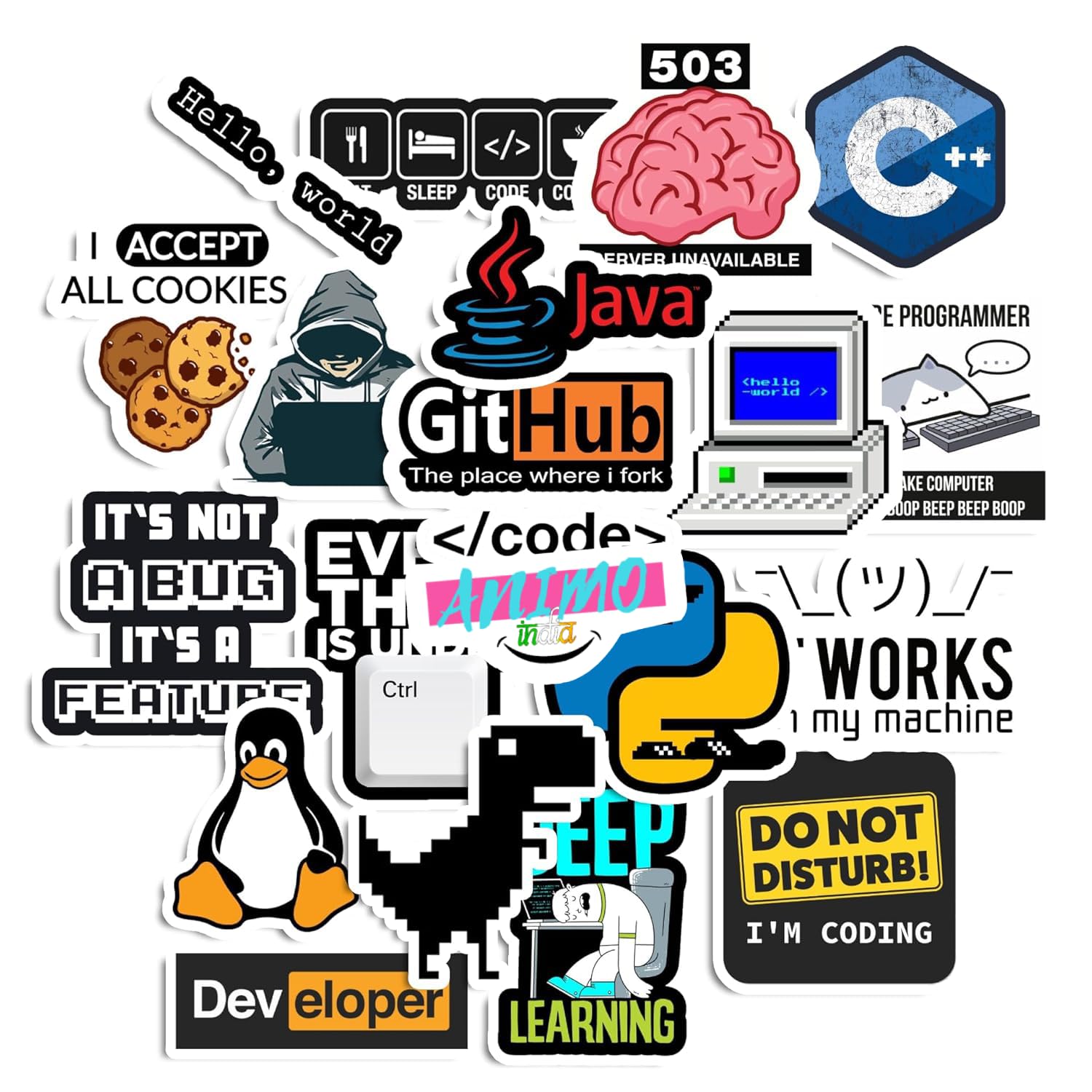 20pcs Coder Aesthetic Sticker Pack from animo india Perfect for Laptop Computer Car Water Bottle Travel Case Guitar Luggage Motorbikes(Hd Colors, Non Residue Removal)