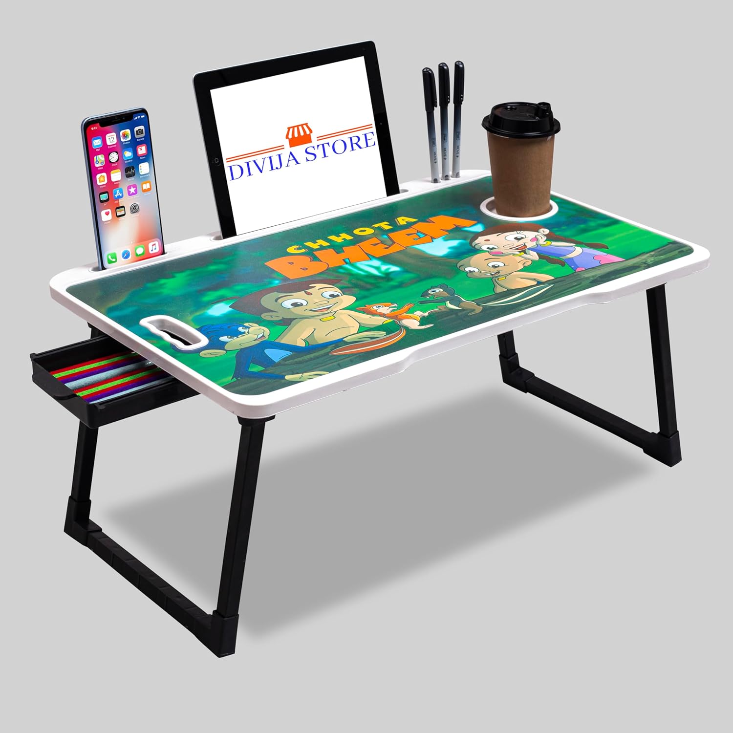 DIVIJA STORE Diwija Store Foldable Wooden Mini Laptop Table for Bed, Study Table with Drawer, Tablet/Mobile Holder for Kids & Adults (chota bheem)