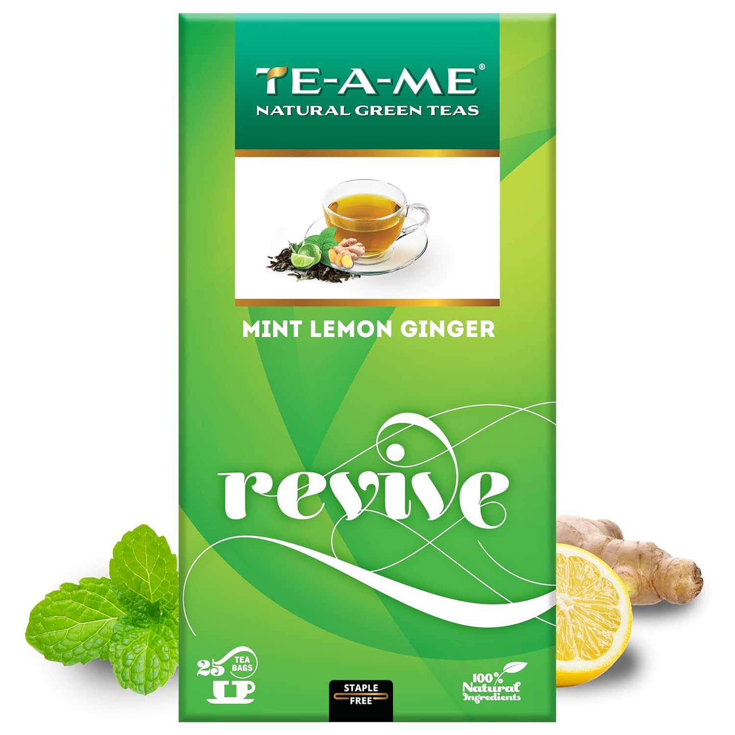TE-A-ME Green Tea Bags 25 pcs - Mint Lemon Ginger| Ginger, Mint & Lemon Green Tea Bags