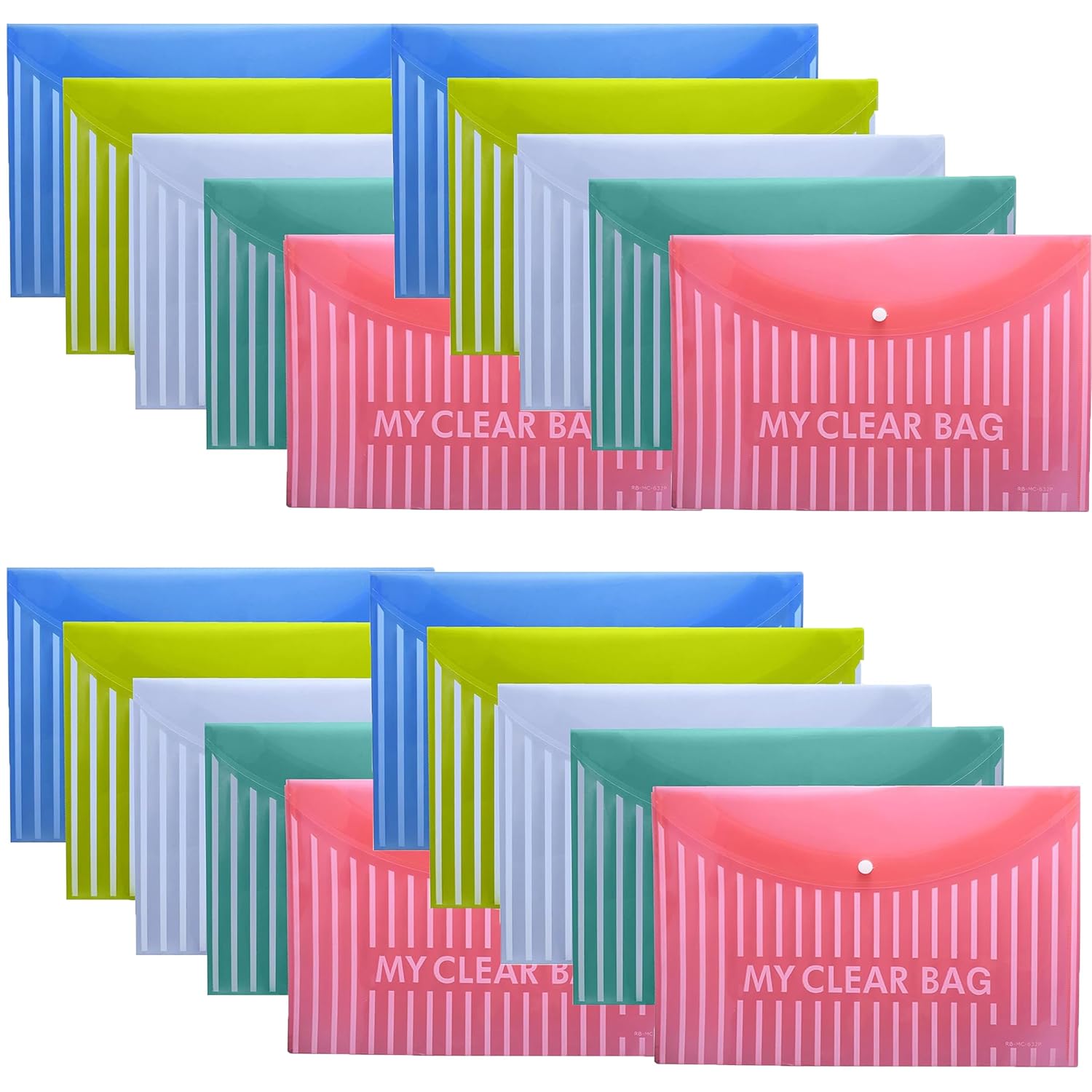 Shuban 20 Pcs Lining Print Plastic Poly Document File Folders Clear Envelopes with Snap Button Closure - FS Legal Letter Size for School, Home, and Office Use (Assorted Color)